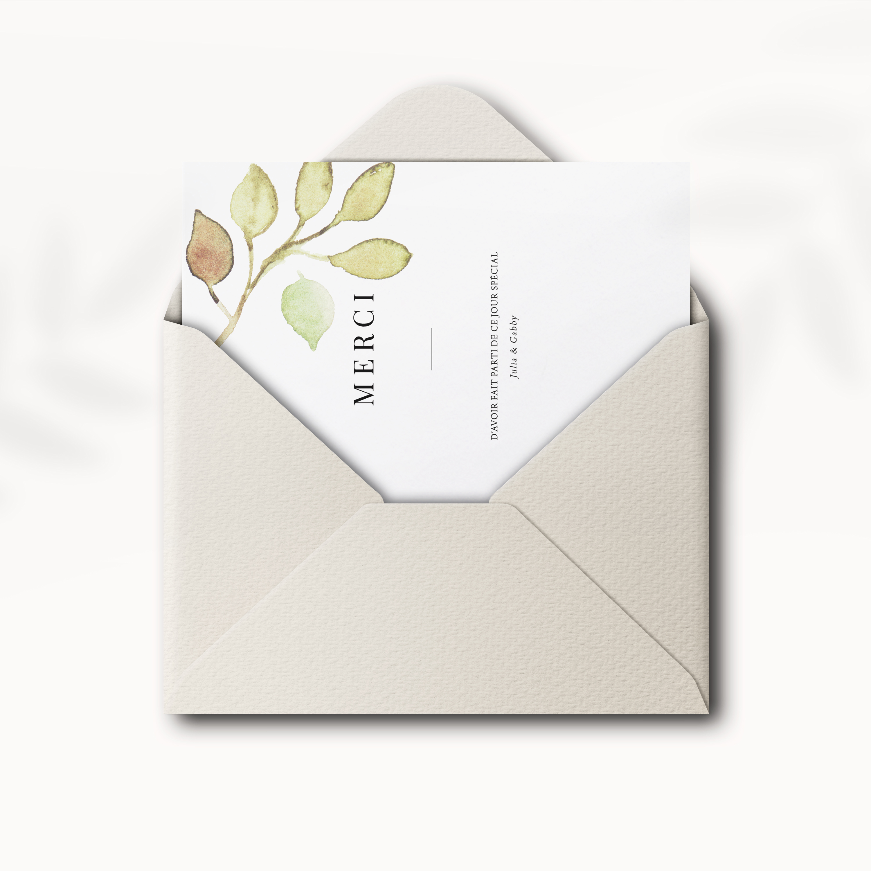 Aqua Leaf Merci - Cette création propose une géométrie subtile soutenue par une couleur dominante apaisante. La mise en page privilégie l’espace et la lumière, offrant un cadre raffiné à vos mots. Réalisée par nos illustrateurs, elle traduit une esthétique moderne où la sobriété se marie à la sensibilité. Vous nous confiez le texte ; nous l’intégrons avec précision, harmonisons la palette et ajoutons un logo discret si souhaité. Diffusée uniquement au format numérique, l’invitation rejoint vos destinataires instantanément. Chaque détail reflète une exigence de justesse et de fluidité. Une correspondance premium, élégante et actuelle, faite pour accompagner vos annonces avec distinction.