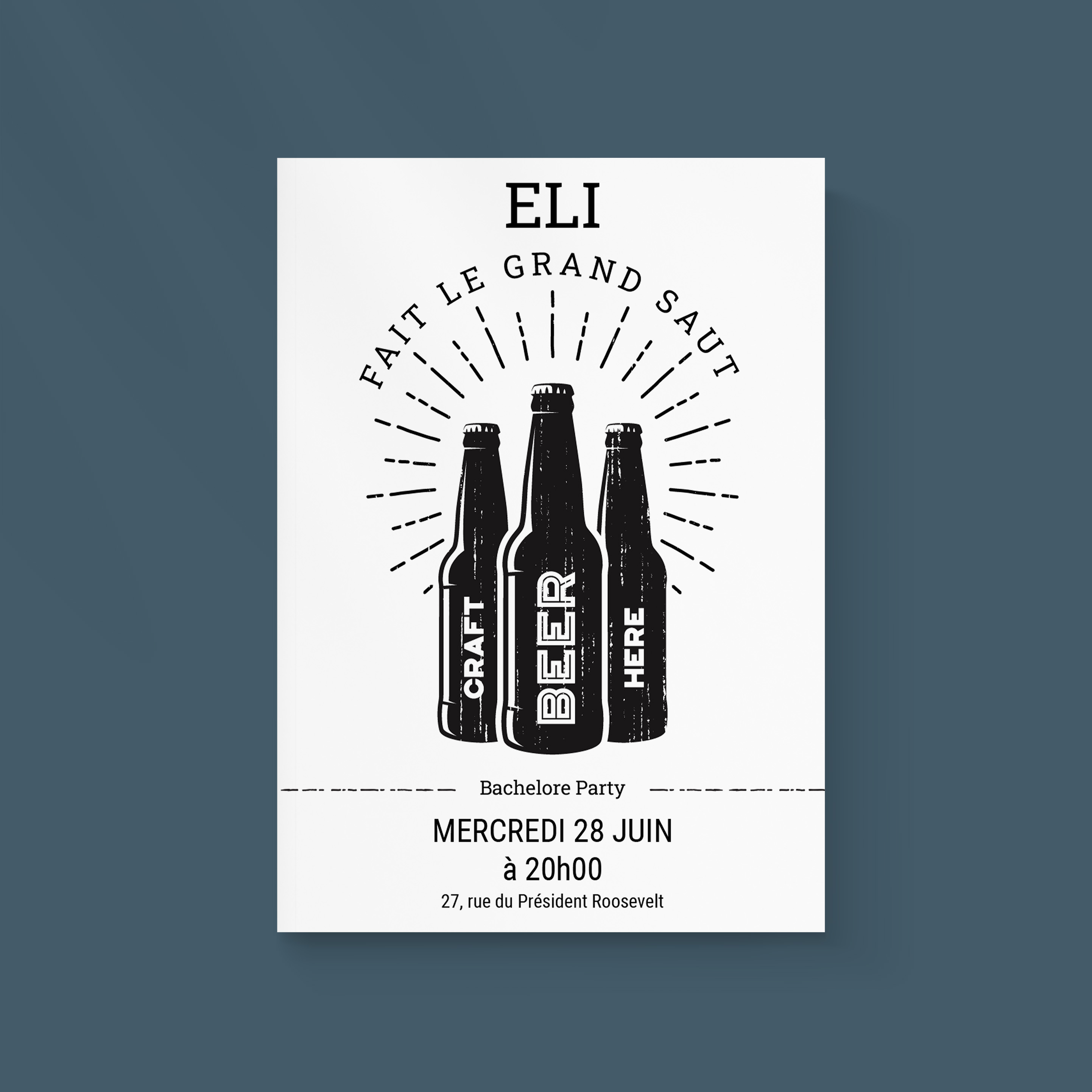 Bachelore Party - Le modèle adopte une élégance sobre : couleur dominante douce, marges aérées, typographie nette. Nos illustrateurs signent une esthétique premium qui privilégie la mesure. Nous réalisons la personnalisation complète : vous nous transmettez le texte, nous l’intégrons avec exactitude, ajustons les nuances et ajoutons un logo discret. 100% digitale, l’invitation parvient immédiatement à vos invités. Chaque choix – alignements, proportions, contrastes – a été calibré pour préserver fluidité et raffinement. Une correspondance contemporaine, simple et durable.