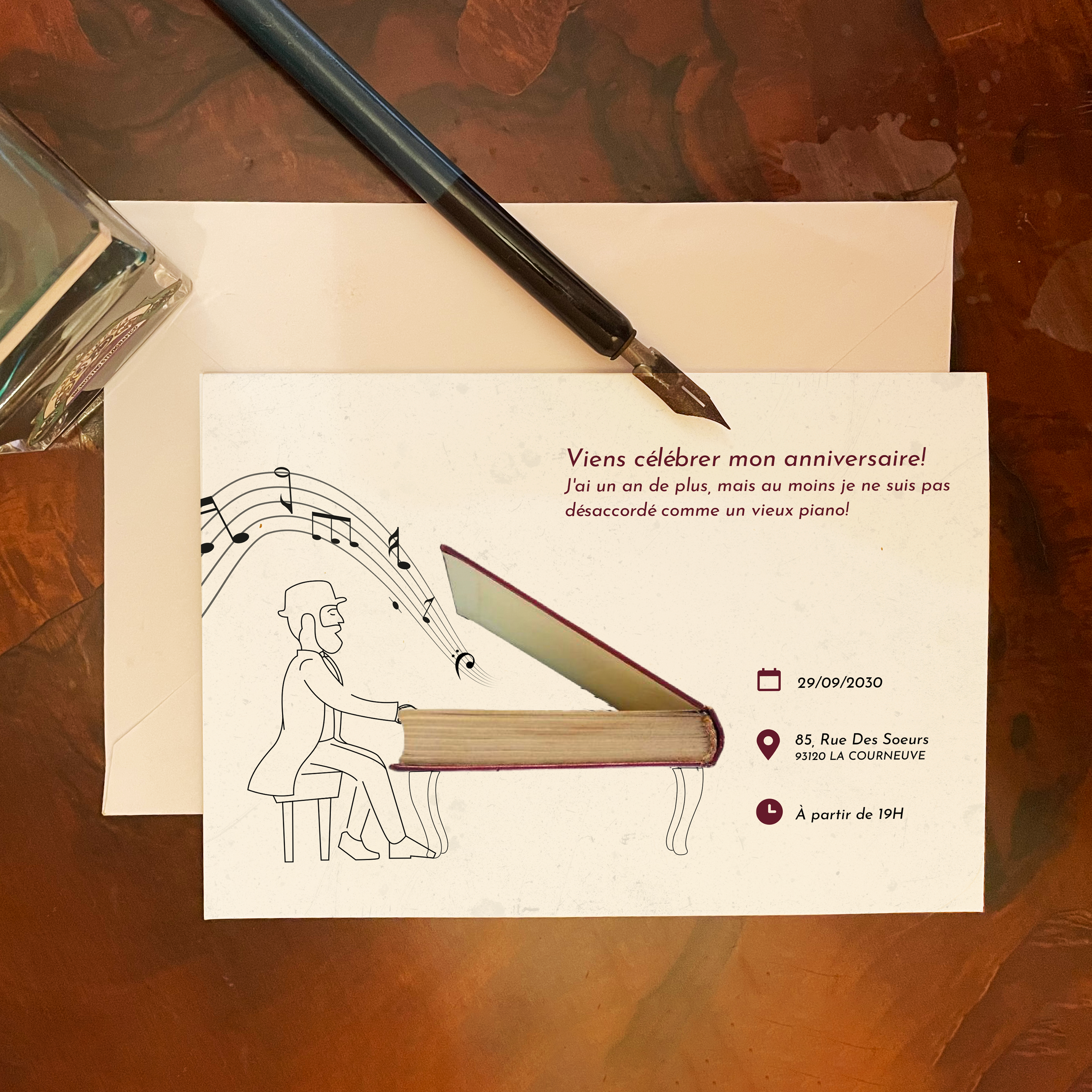 Vieux Piano - Le modèle illustre une sobriété moderne : couleur dominante douce, marges équilibrées, typographie nette. Nos illustrateurs ont choisi une écriture premium qui met en avant la clarté. Nous assurons la personnalisation : intégration du texte, ajustement des nuances, ajout discret d’un logo. Diffusée exclusivement en numérique, elle atteint vos invités en un instant. Chaque choix – alignements, proportions, contrastes – a été pensé pour préserver fluidité et élégance. Une correspondance contemporaine, sobre et durable.