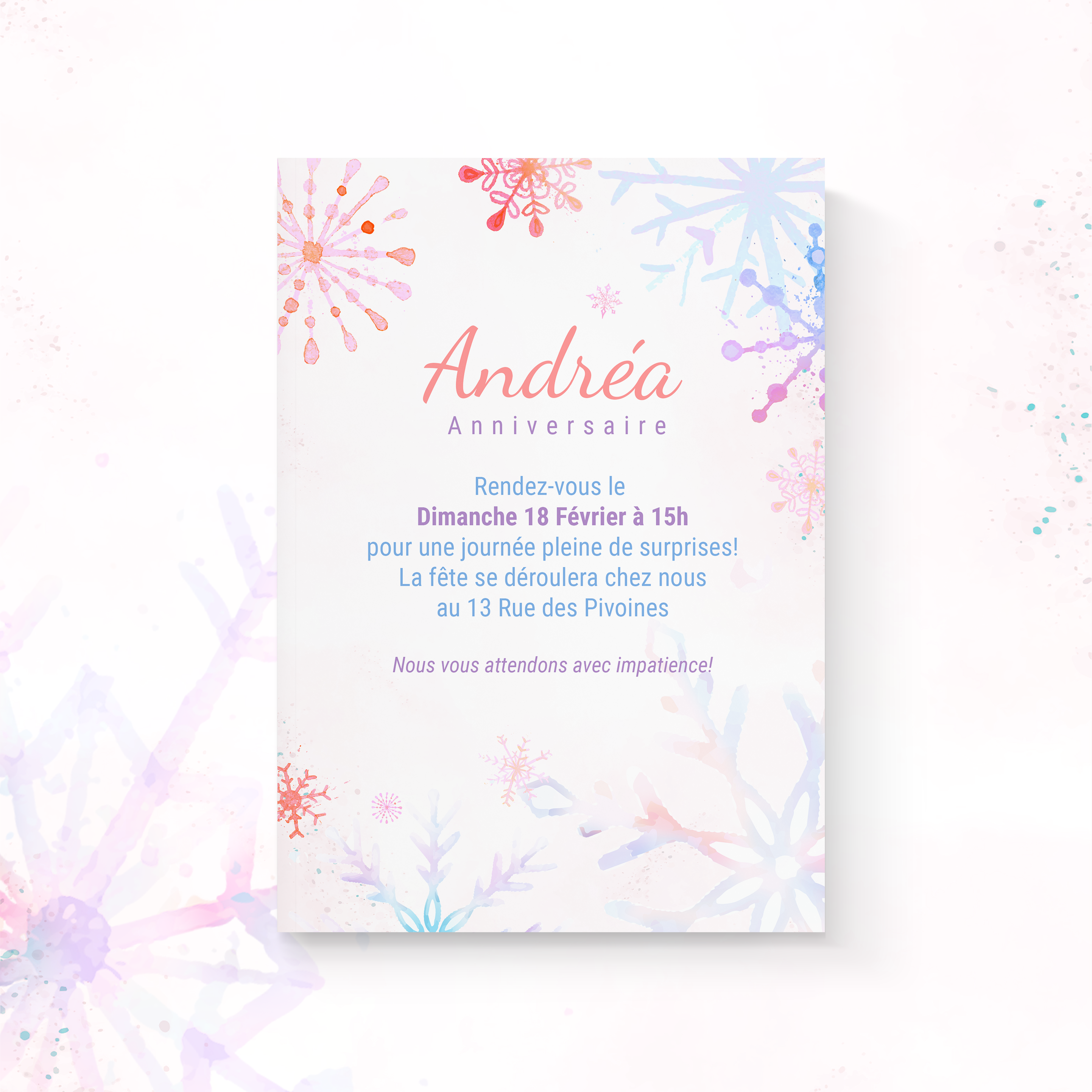 Flocons De Neige - Le dessin met en valeur une dominante chromatique lumineuse, tempérée par des marges aérées et une typographie nette. Nos illustrateurs ont conçu une présence premium qui laisse vos mots occuper la scène. Nous assurons la personnalisation : vous nous envoyez votre texte, nous le composons, ajustons les couleurs et ajoutons un logo discret. Diffusée exclusivement en numérique, l’invitation atteint vos invités instantanément. Chaque détail – proportions, échelle, contrastes – a été calibré pour préserver fluidité et raffinement. Une correspondance contemporaine, simple et durable.