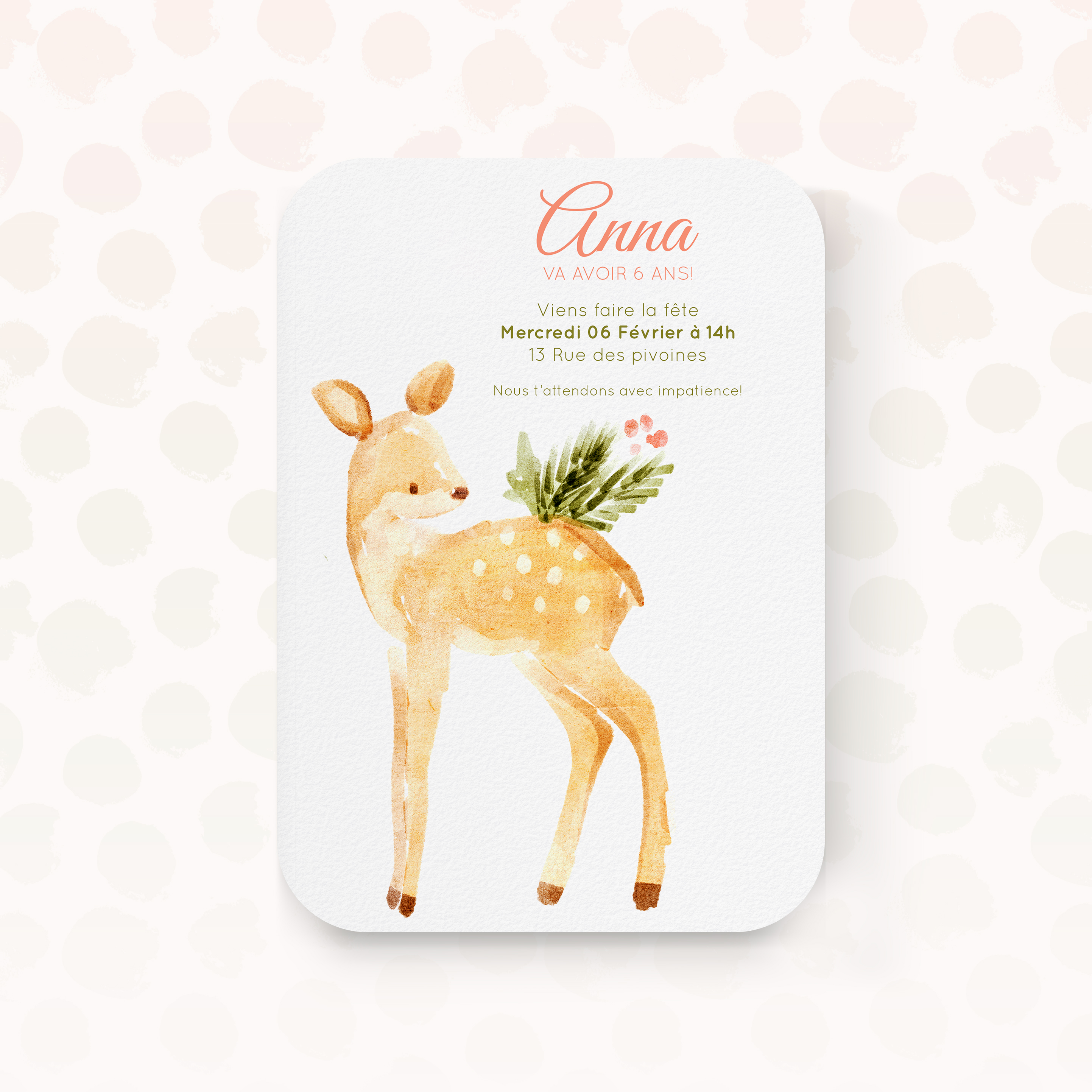 Bambi - Le modèle affirme une sobriété contemporaine : dominante chromatique douce, alignements réguliers, typographie lisible. Conçu par nos illustrateurs, il valorise une esthétique premium faite de précision et de retenue. Vous nous transmettez le texte ; nous l’intégrons avec soin, réglons la palette et ajoutons un logo discret. Entièrement digital, il atteint vos invités sans délai. Chaque détail – proportions, marges, contrastes – a été pensé pour garantir fluidité et élégance. Une correspondance moderne, claire et raffinée.