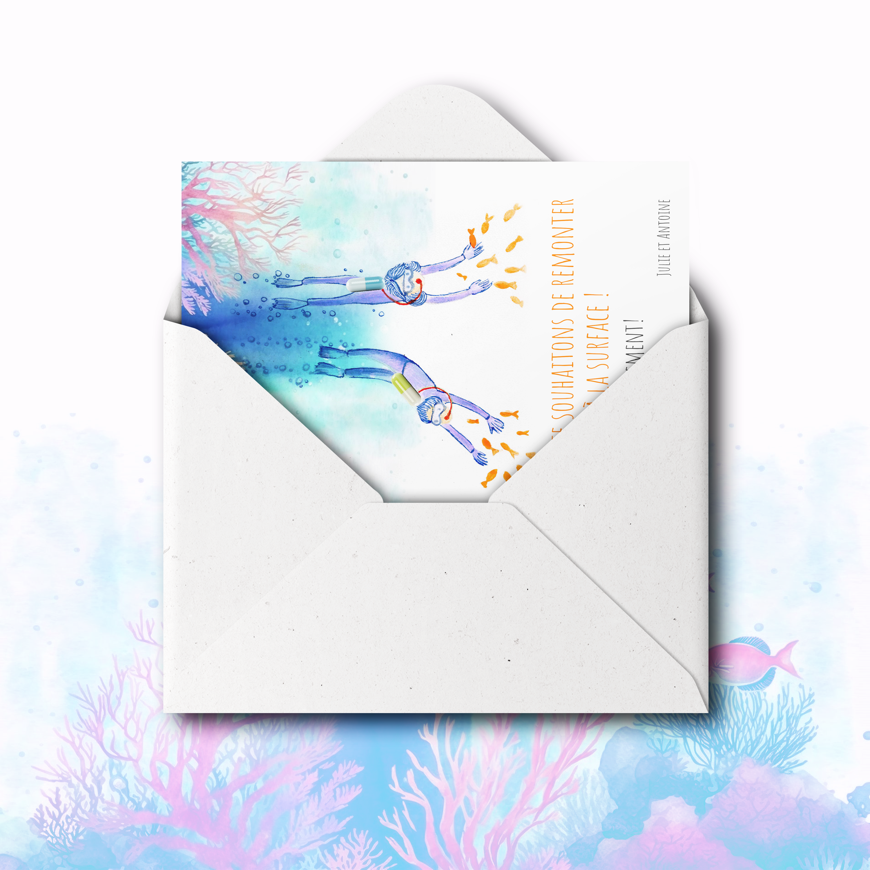 Pills Underwater - Le dessin privilégie la simplicité élégante : couleur dominante douce, marges sobres, typographie claire. Nos illustrateurs ont conçu une invitation premium qui met en avant sobriété et équilibre. Nous assurons la personnalisation : intégration du texte, ajustement des couleurs, ajout discret d’un logo. Diffusée exclusivement en numérique, elle atteint vos invités sans délai. Chaque choix – alignements, contrastes, proportions – a été pensé pour une lecture fluide. Une correspondance contemporaine, simple et raffinée.