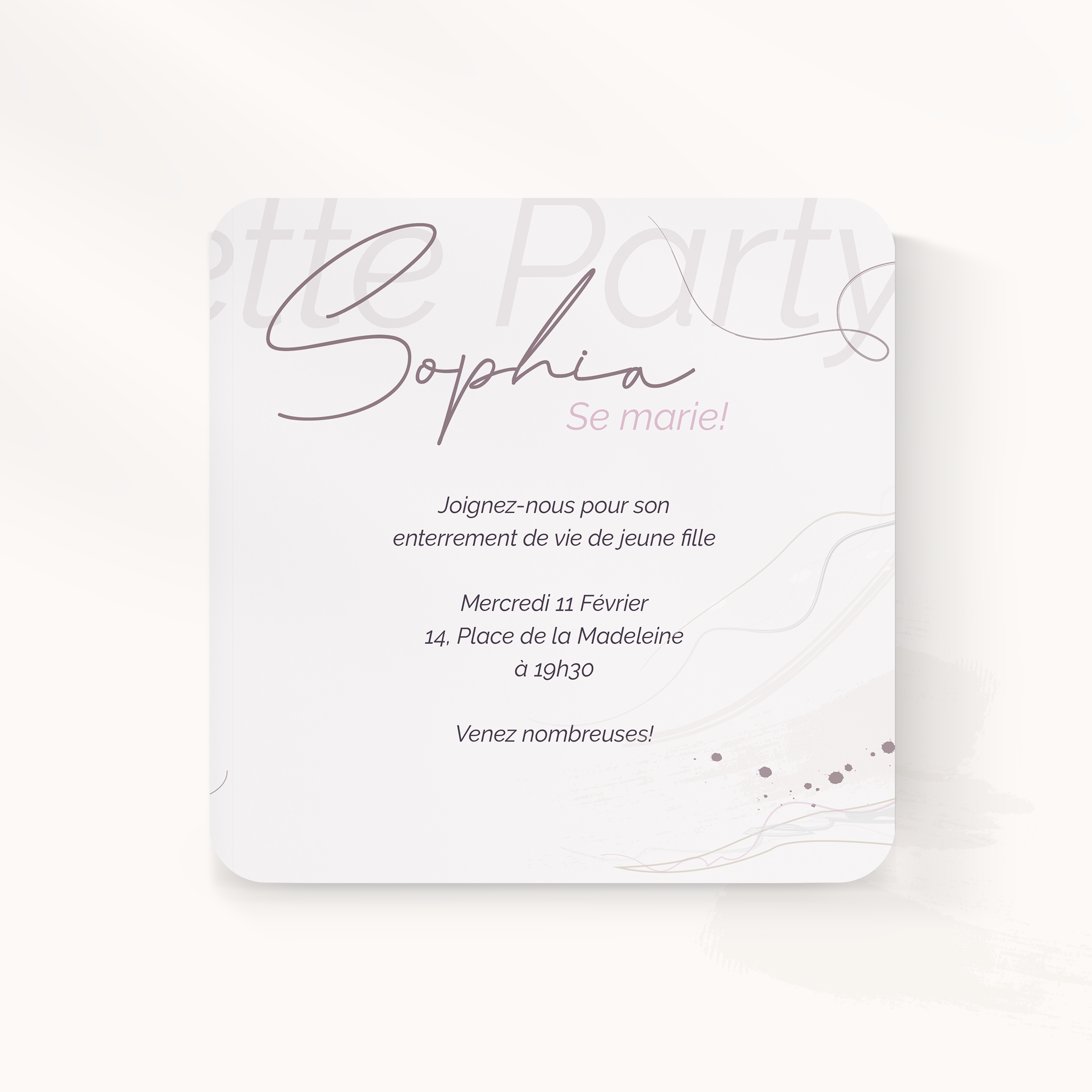 Girl's Night - Cette invitation met en avant une rigueur contemporaine : couleur dominante affirmée, structure stable, typographie claire. Nos créateurs ont imaginé une esthétique premium qui associe précision et retenue. Vous nous confiez votre texte ; nous le composons avec soin, ajustons la palette et ajoutons un logo discret. Diffusée exclusivement en numérique, elle atteint vos invités sans délai. Chaque détail – hiérarchie, marges, contrastes – a été calibré pour garantir fluidité et élégance. Une correspondance moderne, fiable et raffinée.