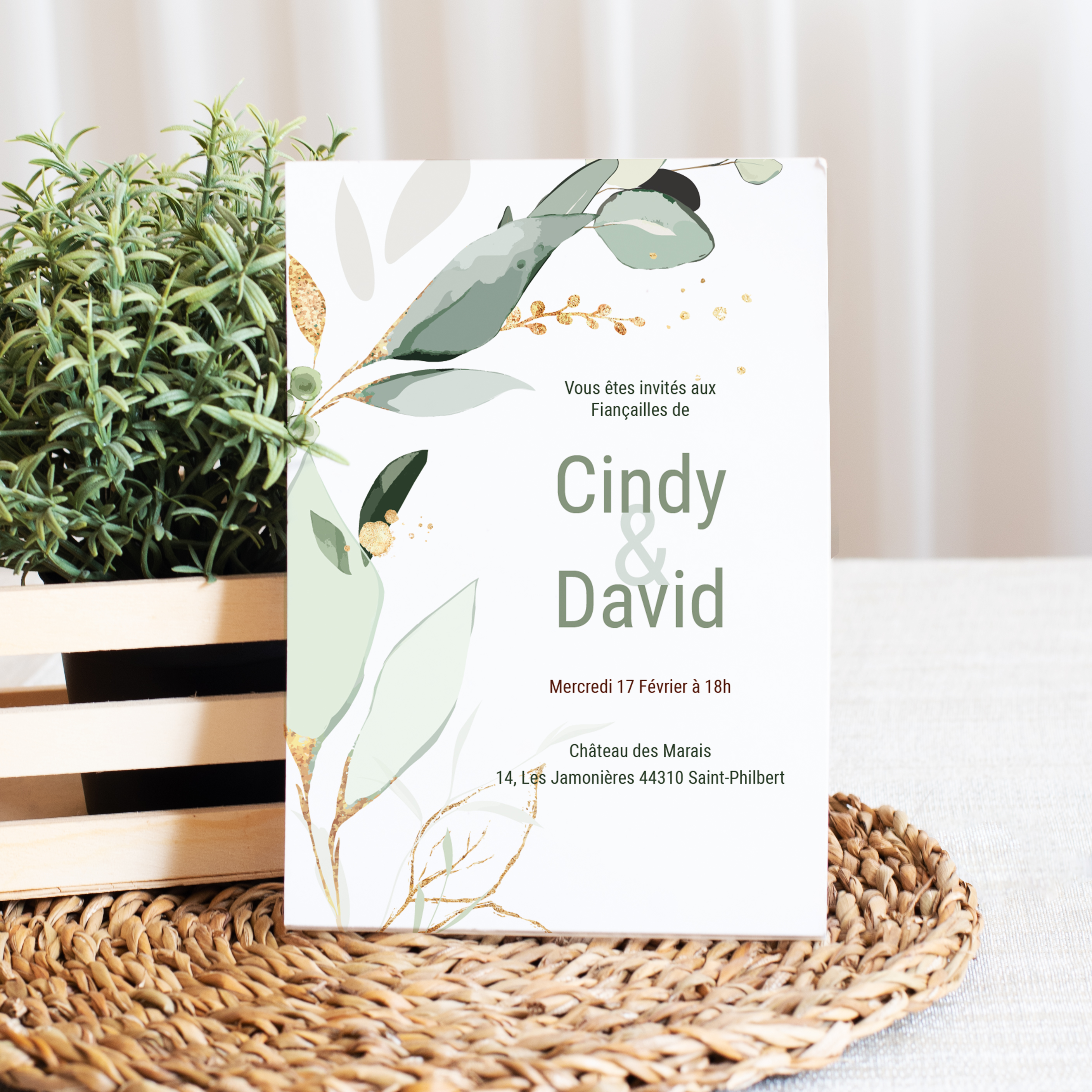 Sage Green Engagement - Le modèle met en scène une dominante chromatique douce, tenue par des marges sobres et une typographie claire. Nos illustrateurs ont façonné une esthétique premium où l’élégance naît de la mesure. Nous prenons en charge la personnalisation : vous nous confiez le texte, nous le composons avec exactitude, ajustons la palette et ajoutons un logo discret. 100% digitale, l’invitation parvient immédiatement à vos invités. Chaque choix – proportions, alignements, contrastes – a été pensé pour une lecture fluide et durable. Une correspondance contemporaine, simple et raffinée.