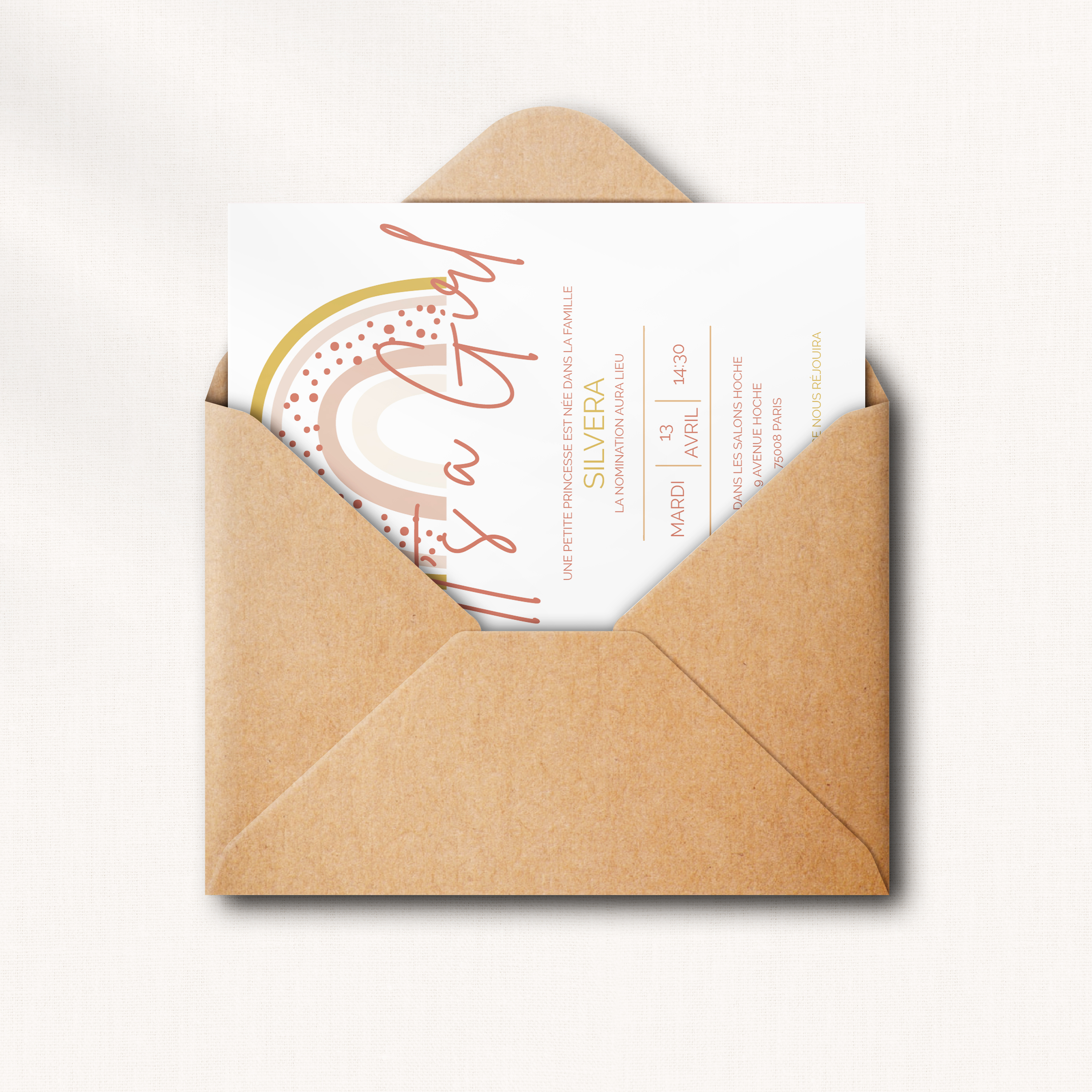 Pink Rainbow - Le modèle illustre une sobriété contemporaine : couleur dominante claire, structure régulière, typographie nette. Nos illustrateurs signent une esthétique premium qui privilégie la cohérence et la lisibilité. Nous assurons la personnalisation complète : vous nous transmettez le texte, nous l’intégrons avec précision, ajustons les couleurs et ajoutons un logo discret. 100% digitale, l’invitation atteint vos invités immédiatement. Chaque choix – hiérarchie, proportions, marges – a été pensé pour préserver fluidité et raffinement. Une correspondance moderne, simple et fiable.