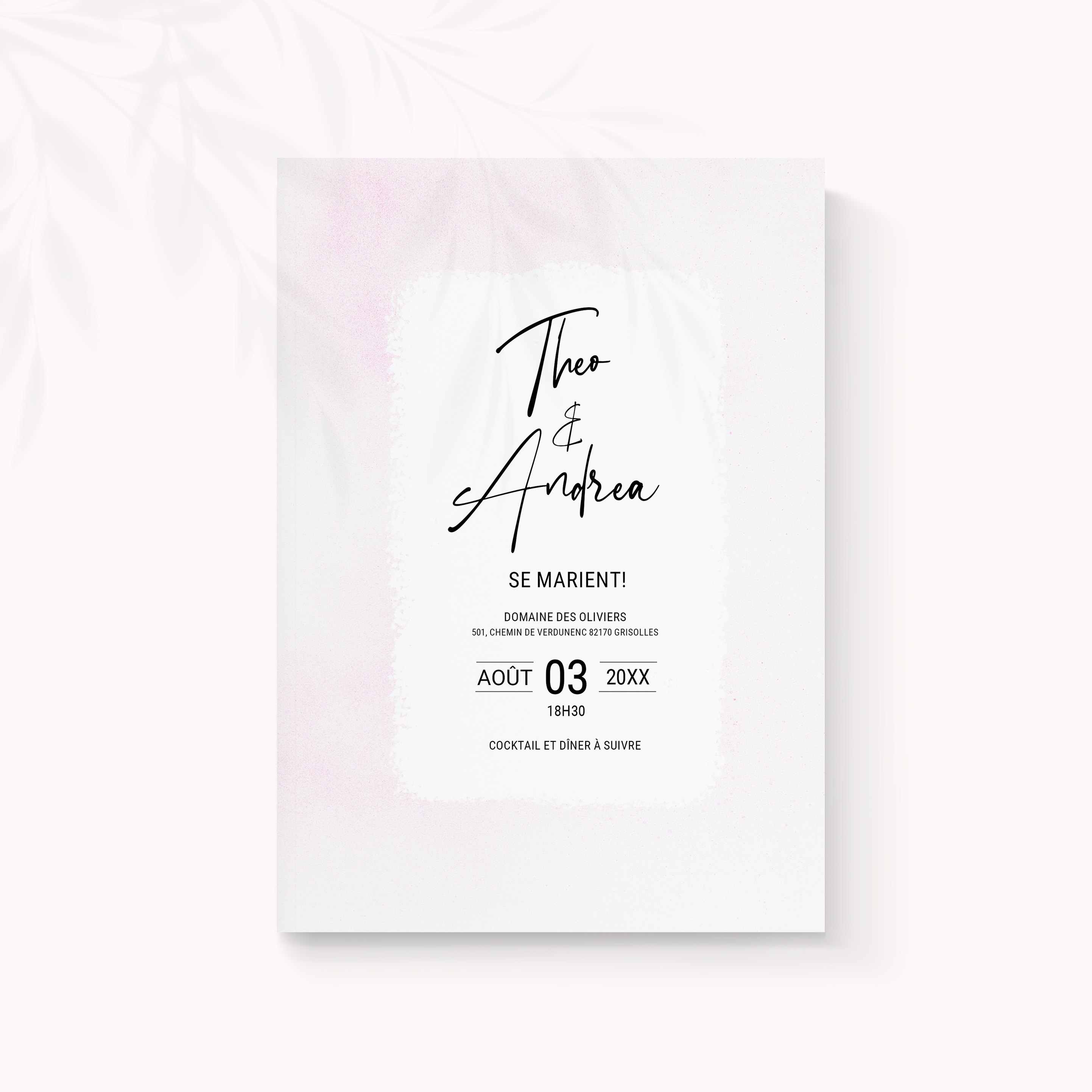 Aqua-pink - Le dessin privilégie la lisibilité essentielle : dominante chromatique claire, marges aérées, typographie précise. Nos illustrateurs ont conçu un modèle premium où la mesure devient signature. Nous assurons la personnalisation sur mesure : intégration de votre texte, harmonisation des teintes, ajout d’un logo discret. Entièrement digitale, l’invitation parvient immédiatement à vos invités. Chaque choix – hiérarchie, contrastes, proportions – a été calibré pour une élégance durable. Une correspondance contemporaine, simple et raffinée.