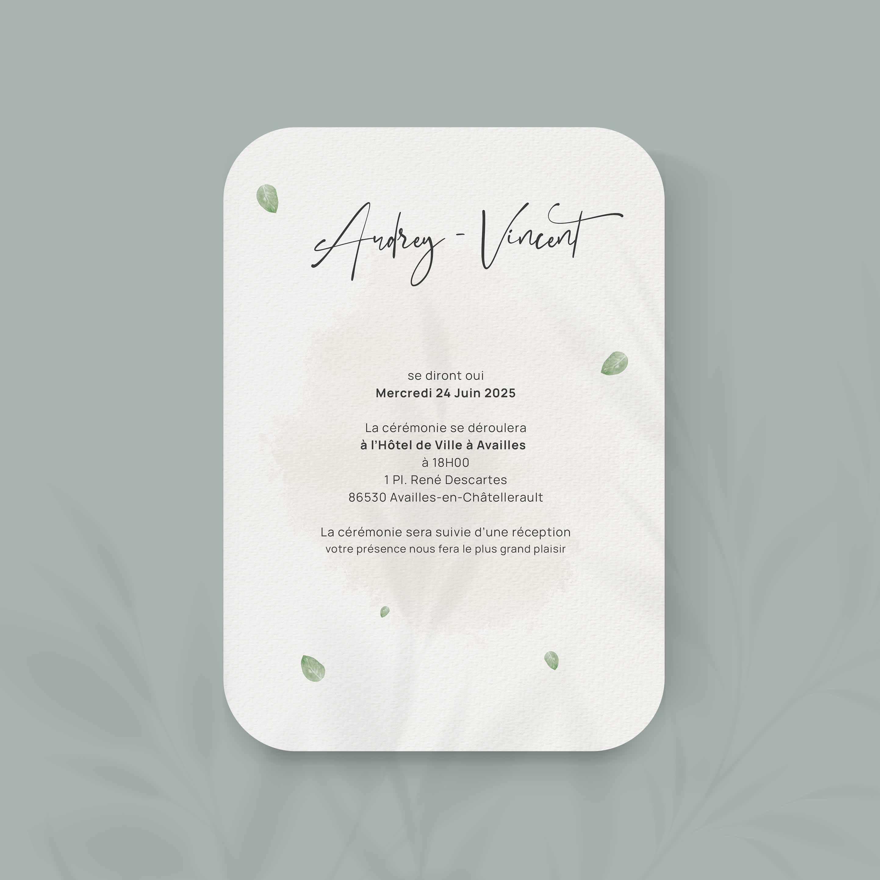 Eucalyptus Scent Invit - Le modèle exprime une sobriété contemporaine : couleur dominante claire, marges équilibrées, typographie nette. Nos illustrateurs ont composé une esthétique premium qui privilégie la lisibilité et la justesse. Nous assurons la personnalisation complète : vous nous transmettez votre texte, nous l’intégrons avec exactitude, harmonisons les teintes et ajoutons un logo discret. 100% digital, il atteint vos invités instantanément. Chaque paramètre – cadence, proportions, contrastes – a été pensé pour préserver fluidité et raffinement. Une correspondance moderne, fiable et élégante.