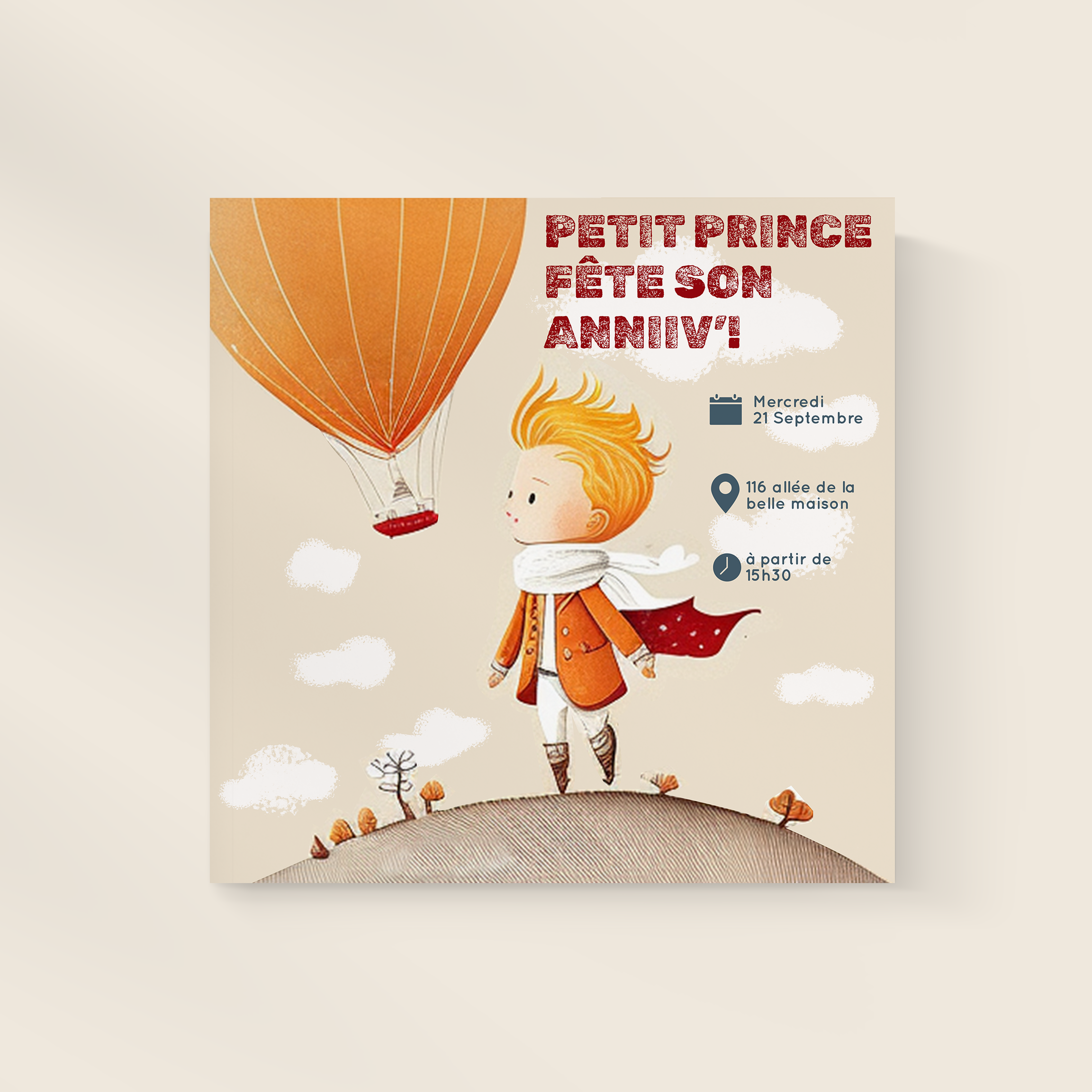 Petit Prince - Cette invitation met en avant une dominante chromatique claire, structurée par des marges sobres et une typographie posée. Nos créateurs ont conçu une esthétique premium qui valorise équilibre et harmonie. Nous assurons la personnalisation complète : vous nous transmettez le texte, nous l’intégrons avec soin, ajustons la palette et ajoutons un logo discret. Diffusée exclusivement au format digital, elle atteint vos invités immédiatement. Chaque détail – hiérarchie, proportions, cadence – a été pensé pour garantir fluidité et élégance. Une correspondance contemporaine, simple et raffinée.