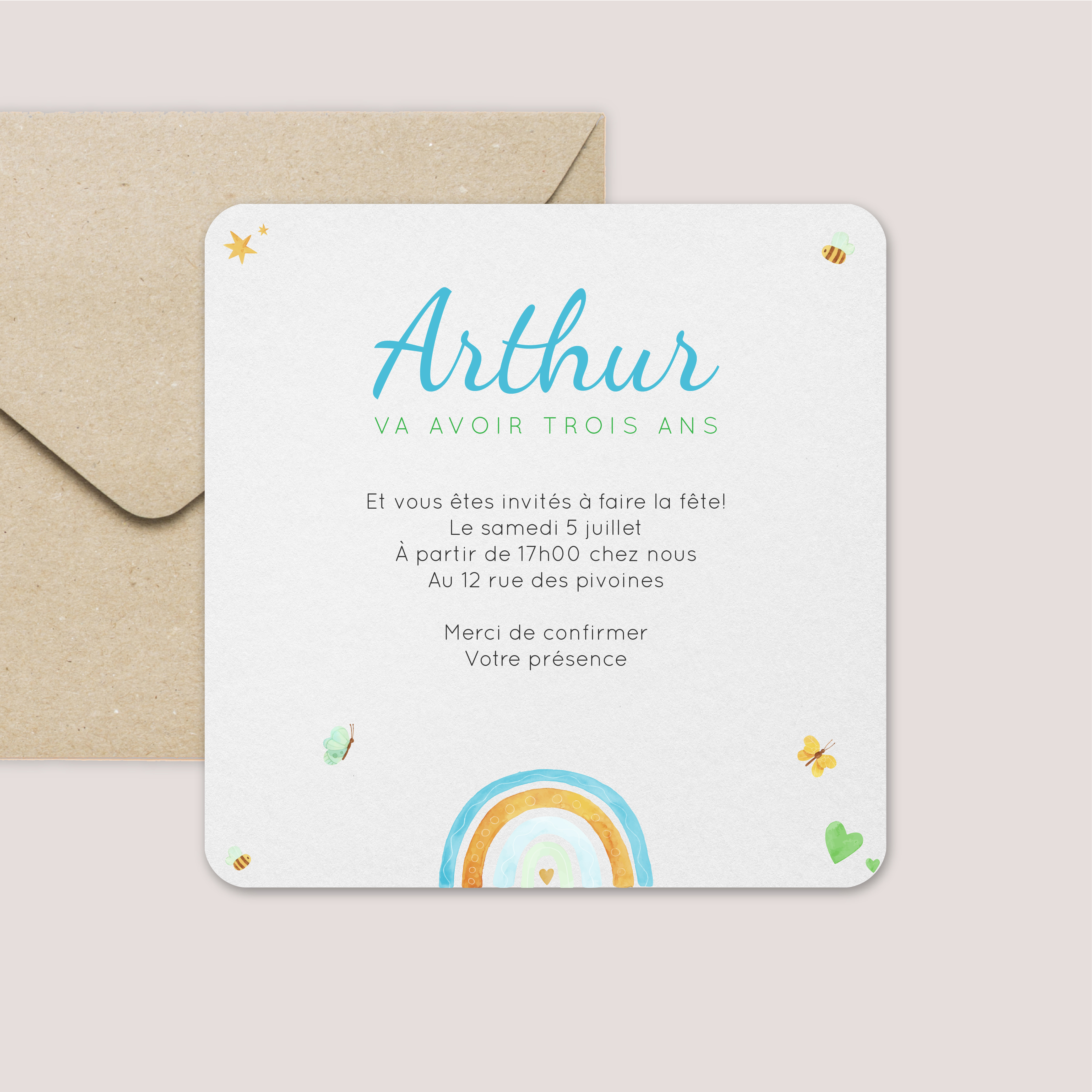 Rainbow - Ici, la composition fait dialoguer aplats colorés et tracés subtils pour une présence à la fois douce et assurée. La couleur principale, choisie pour sa clarté, soutient le message sans l’écraser. Nos créateurs ont imaginé une invitation sobre où la typographie respire, où chaque élément trouve sa place. Nous gérons votre personnalisation de bout en bout : intégration du texte, harmonisation des teintes, ajout d’un logo si souhaité. En format exclusivement numérique, l’envoi est immédiat et soigné. Le parti pris esthétique privilégie la nuance et la mesure, afin d’offrir une lecture limpide et un impact net. Une invitation contemporaine, précise et élégante, pensée pour magnifier vos annonces.