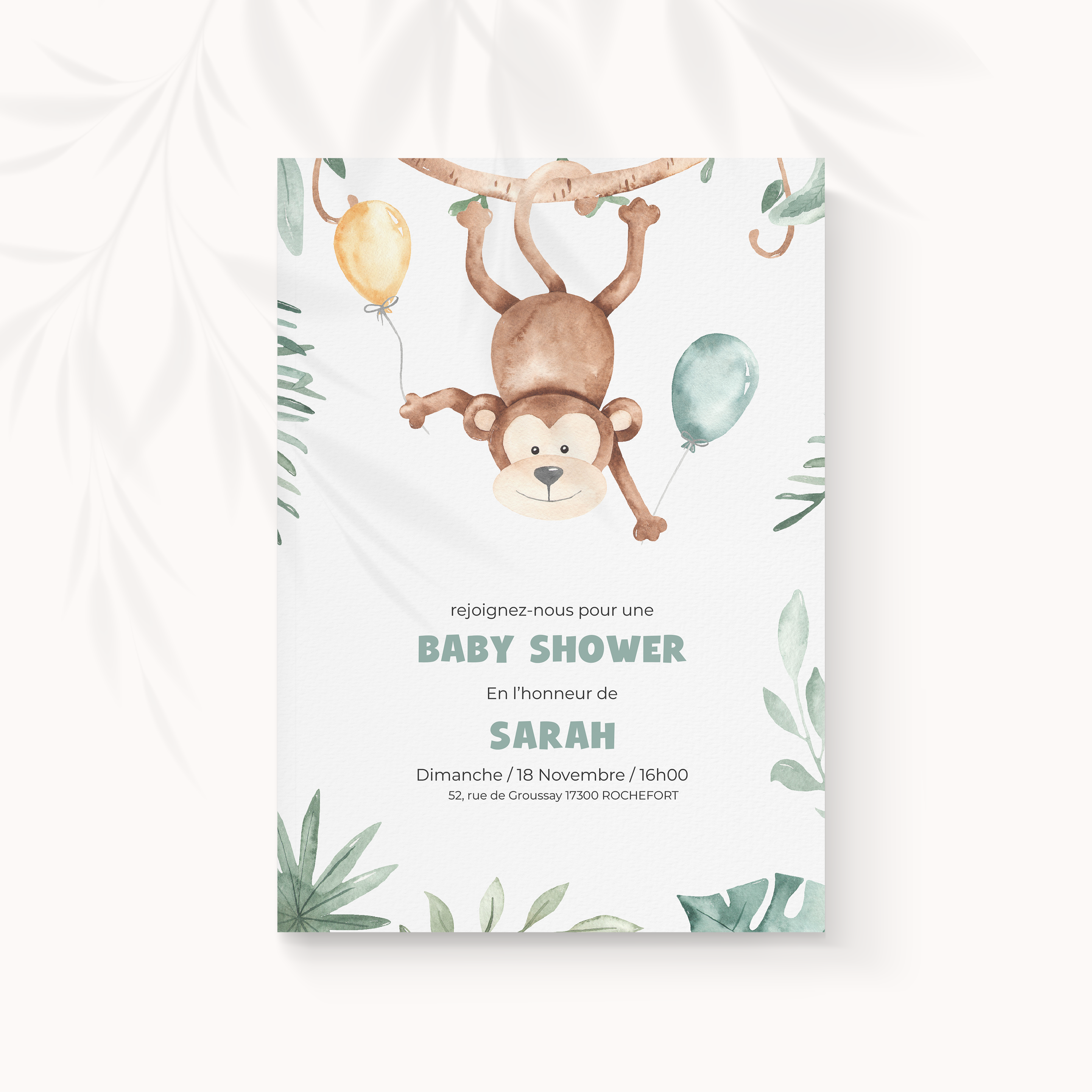 Monkey Shower - Cette invitation privilégie la précision tranquille : une couleur dominante mesurée, des marges sobres, une typographie claire. Nos créateurs ont imaginé une esthétique premium qui laisse respirer vos mots. Nous assurons la personnalisation complète : vous nous envoyez le texte, nous le mettons en page, harmonisons la palette et ajoutons un logo discret si nécessaire. 100% digitale, elle parvient immédiatement à vos invités. Chaque choix – contrastes, alignements, proportions – a été pensé pour préserver fluidité et élégance. Une correspondance contemporaine, sobre et raffinée.