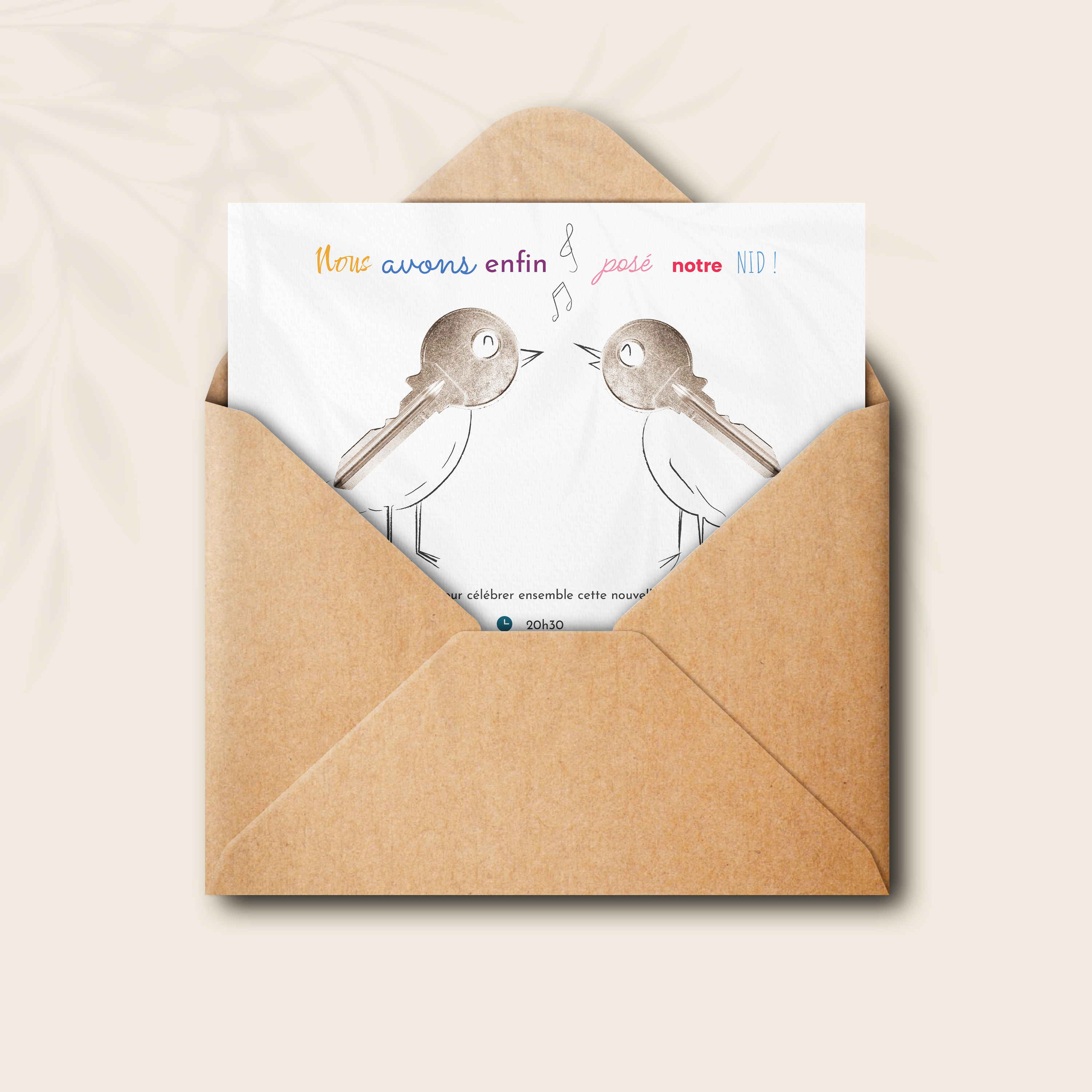 Cui-cui Crémaillère! - Cette invitation choisit une écriture visuelle précise : une couleur dominante tenue, des marges régulières, une typographie claire. Pensée par nos créateurs, elle installe une présence premium où la sobriété révèle l’essentiel. Vous nous confiez votre texte ; nous le composons avec exactitude, accordons la palette et ajoutons un logo discret si souhaité. Diffusée exclusivement au format digital, elle parvient immédiatement à vos invités. Chaque détail – hiérarchie, cadence, respiration des blancs – a été mesuré pour garantir fluidité et élégance. Une correspondance contemporaine, fiable et raffinée, idéale pour annoncer avec tact et inviter avec style.