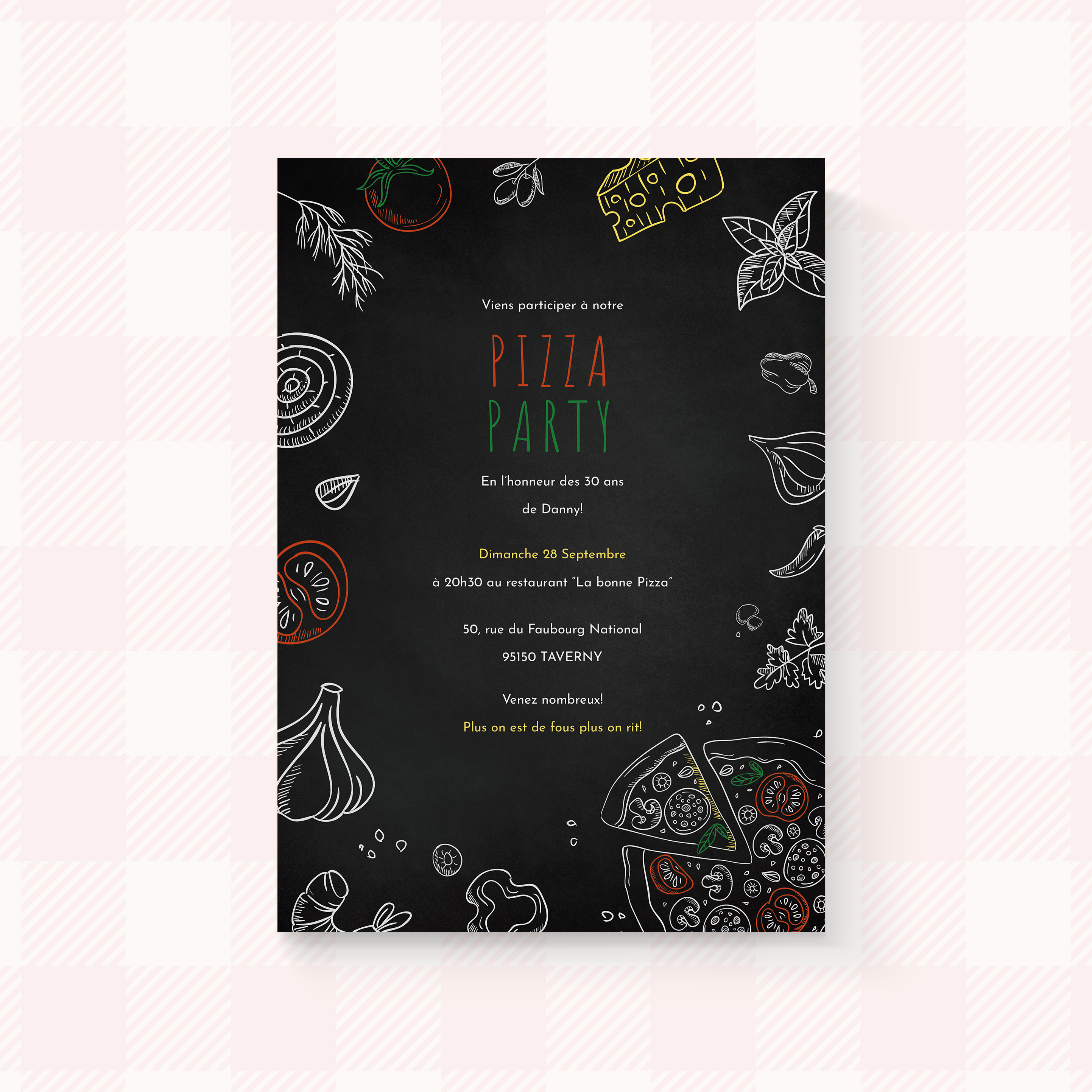 Pizza Party - Cette invitation adopte une esthétique claire et apaisée : couleur dominante douce, proportions équilibrées, typographie posée. Imaginée par nos créateurs, elle propose une présence premium qui met la sobriété au service de l’élégance. Vous nous confiez le texte ; nous le composons avec exactitude, harmonisons la palette et ajoutons un logo discret si nécessaire. Diffusée uniquement en digital, elle parvient à vos invités immédiatement. Chaque détail – contrastes mesurés, marges aérées, hiérarchie limpide – compose une lecture fluide et raffinée, adaptée aux annonces comme aux invitations.