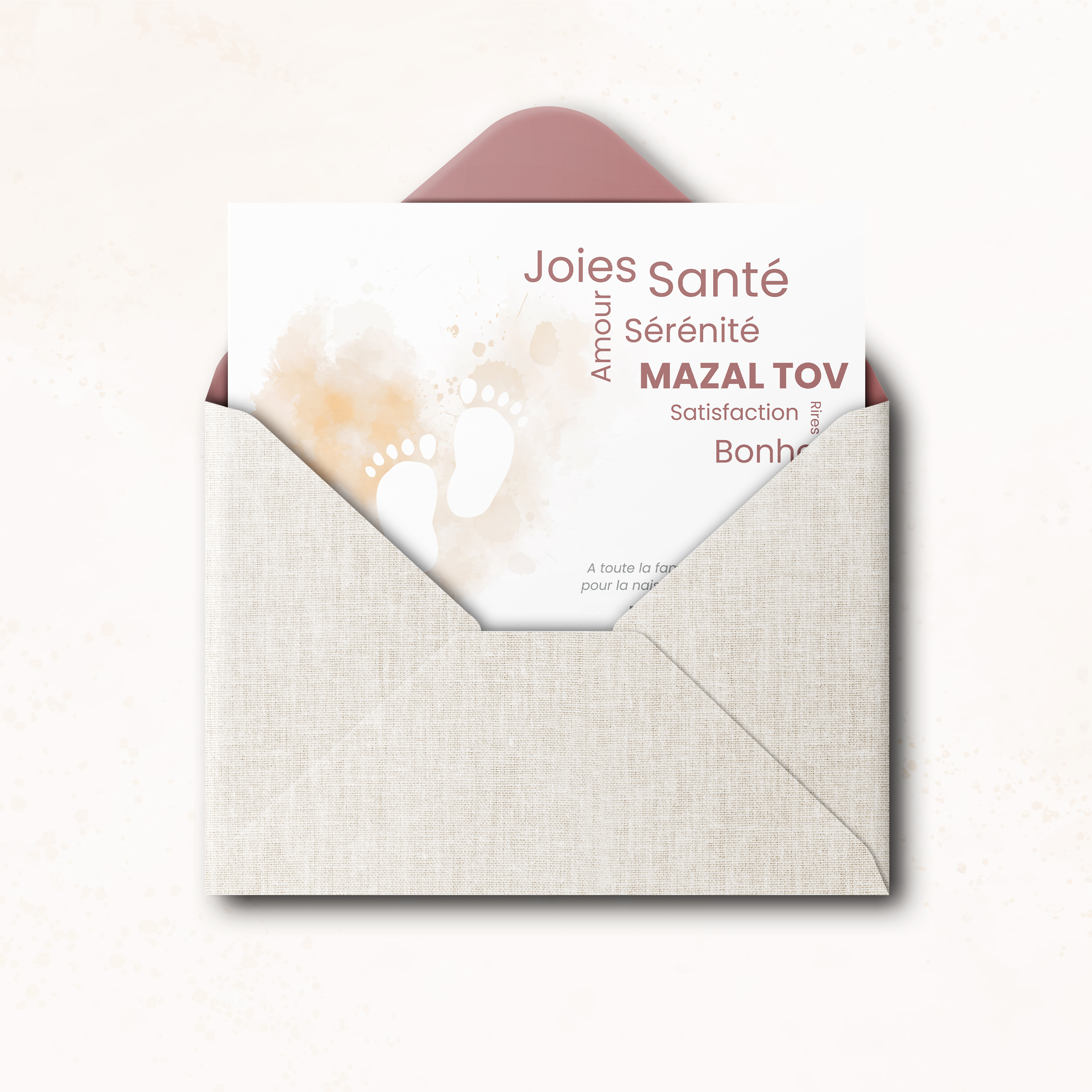 Beige Little Feet - Le modèle illustre une sobriété lumineuse : dominante chromatique claire, marges sobres, typographie nette. Nos illustrateurs signent une invitation premium qui met en avant la clarté. Nous assurons la personnalisation complète : vous nous transmettez le texte, nous l’intégrons avec précision, harmonisons les couleurs et ajoutons un logo discret. 100% digitale, elle atteint vos invités sans délai. Chaque détail – proportions, cadence, contrastes – a été calibré pour préserver fluidité et justesse. Une correspondance contemporaine, simple et élégante.