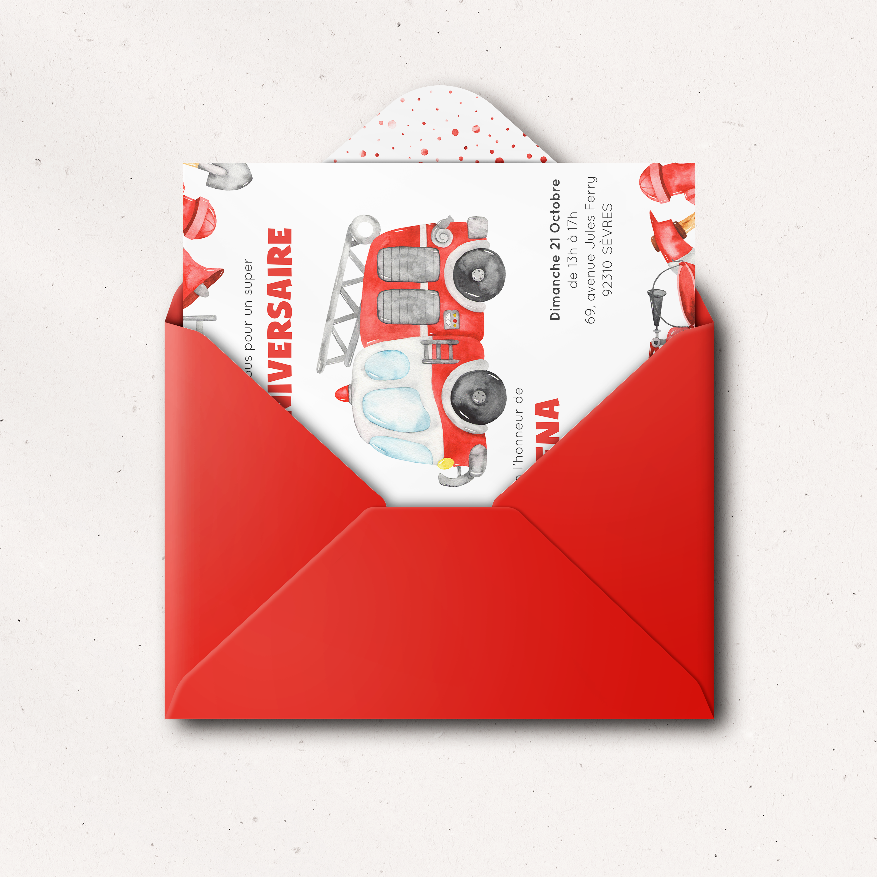 Camion De Pompier - Cette invitation privilégie la clarté visuelle : une couleur dominante douce, une structure régulière, une typographie nette. Nos créateurs ont façonné une esthétique premium qui laisse la sobriété parler d’elle-même. Nous réalisons la personnalisation complète : vous nous confiez le texte, nous l’intégrons avec soin, ajustons les nuances et ajoutons un logo discret. Entièrement digitale, elle parvient à vos invités immédiatement. Chaque détail – proportions, cadence, marges – a été calibré pour garantir fluidité et raffinement. Une correspondance contemporaine, simple et durable.