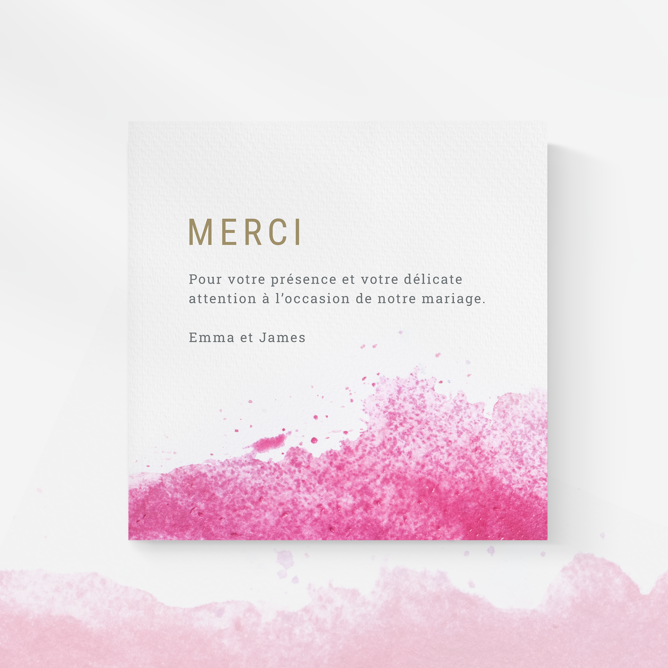 Thanks In Pink - Le modèle revendique une élégance discrète : couleur dominante douce, marges aérées, typographie précise. Conçu par nos illustrateurs, il propose une esthétique premium qui allie mesure et finesse. Vous nous confiez le texte ; nous l’intégrons avec soin, réglons les nuances et ajoutons un logo discret. Entièrement digital, il atteint vos invités sans délai. Chaque choix – proportions, contrastes, alignements – a été pensé pour préserver fluidité et raffinement. Une correspondance moderne, claire et sobre.