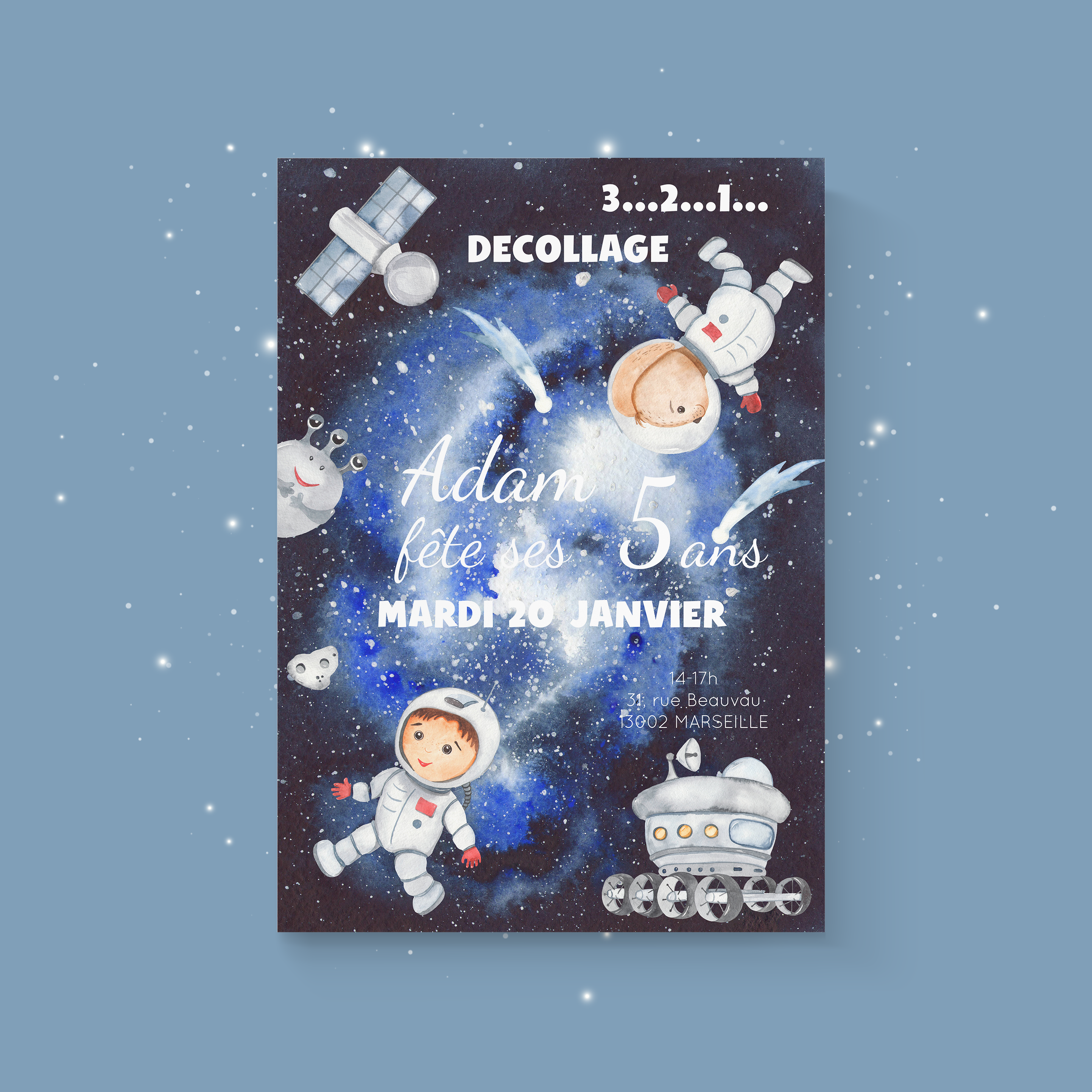 Voyage Dans L'espace - Cette invitation met en avant une rigueur graphique : couleur dominante affirmée, structure régulière, typographie nette. Nos créateurs ont composé une esthétique premium qui associe précision et harmonie. Nous réalisons la personnalisation complète : vous nous envoyez le texte, nous le composons, harmonisons les teintes et ajoutons un logo discret. Diffusée exclusivement en numérique, elle atteint vos invités instantanément. Chaque détail – proportions, cadence, contrastes – a été calibré pour garantir fluidité et élégance. Une correspondance contemporaine, sobre et raffinée.