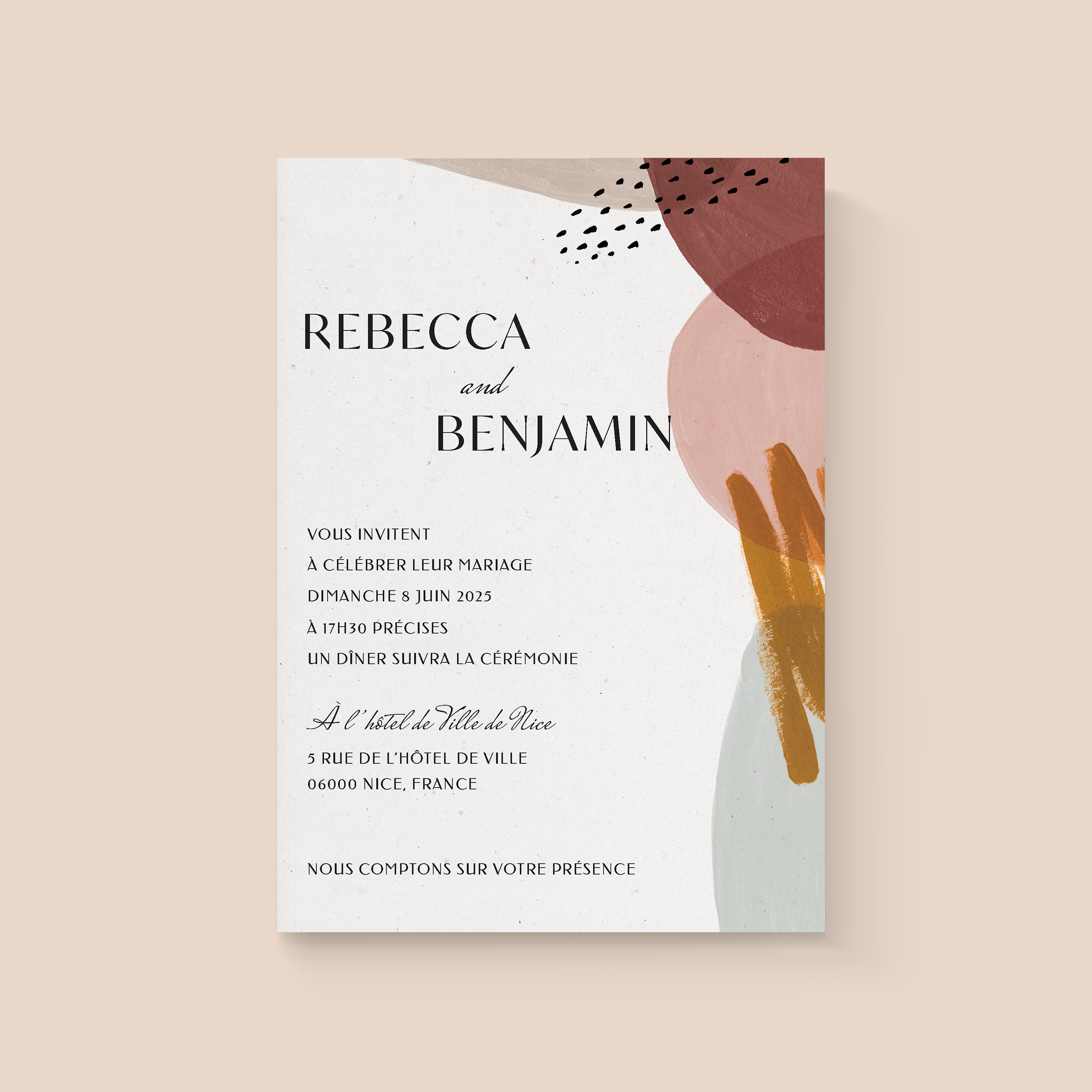 Formes Feutrées Invitation - Avec ce modèle, nous avons choisi une esthétique sereine et structurée : une dominante chromatique expressive, des alignements précis et une typographie soignée. L’objectif est simple : offrir à vos mots un espace lisible, élégant et actuel. Conçue par nos illustrateurs, l’invitation privilégie la cohérence des formes et la sobriété des effets. Vous nous envoyez votre texte ; nous le composons avec soin, ajustons les couleurs et pouvons ajouter un logo discret. Au format numérique, l’envoi est immédiat et permet une diffusion claire auprès de vos invités. Ce modèle assume une modernité durable, pensée pour accompagner aussi bien une annonce qu’une invitation, sans jamais sacrifier la qualité du détail.