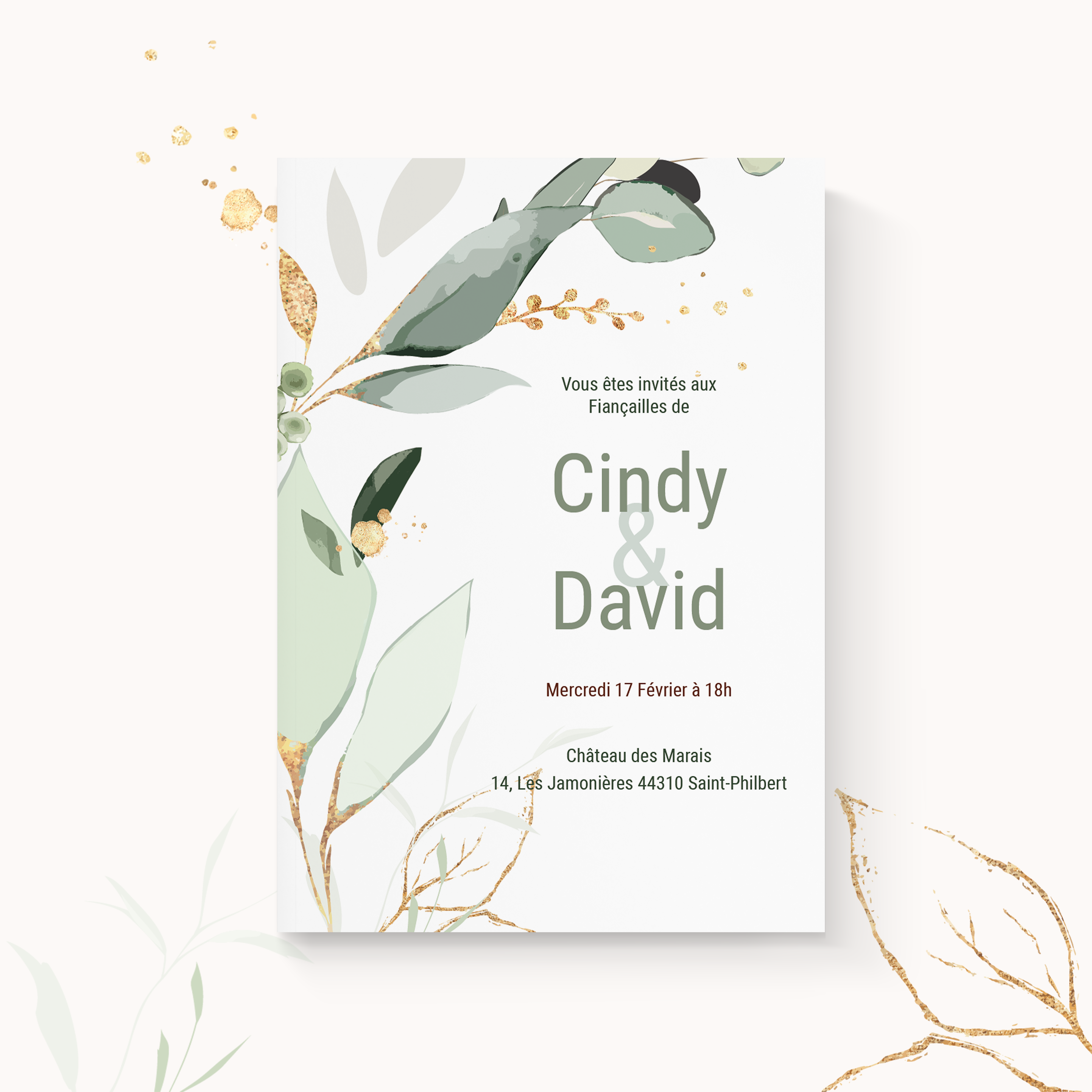 Sage Green Engagement - Le modèle met en scène une dominante chromatique douce, tenue par des marges sobres et une typographie claire. Nos illustrateurs ont façonné une esthétique premium où l’élégance naît de la mesure. Nous prenons en charge la personnalisation : vous nous confiez le texte, nous le composons avec exactitude, ajustons la palette et ajoutons un logo discret. 100% digitale, l’invitation parvient immédiatement à vos invités. Chaque choix – proportions, alignements, contrastes – a été pensé pour une lecture fluide et durable. Une correspondance contemporaine, simple et raffinée.