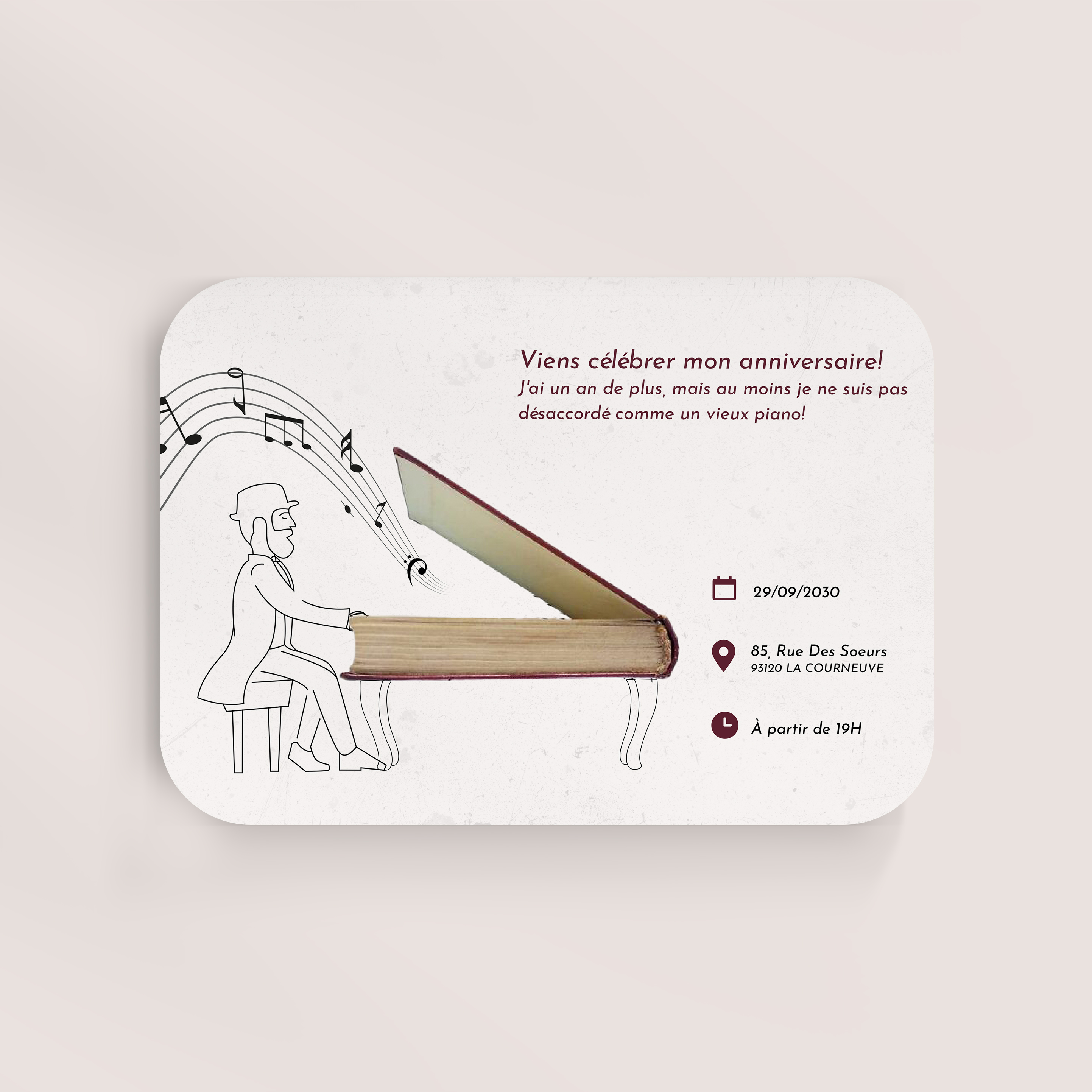 Vieux Piano - Le modèle illustre une sobriété moderne : couleur dominante douce, marges équilibrées, typographie nette. Nos illustrateurs ont choisi une écriture premium qui met en avant la clarté. Nous assurons la personnalisation : intégration du texte, ajustement des nuances, ajout discret d’un logo. Diffusée exclusivement en numérique, elle atteint vos invités en un instant. Chaque choix – alignements, proportions, contrastes – a été pensé pour préserver fluidité et élégance. Une correspondance contemporaine, sobre et durable.