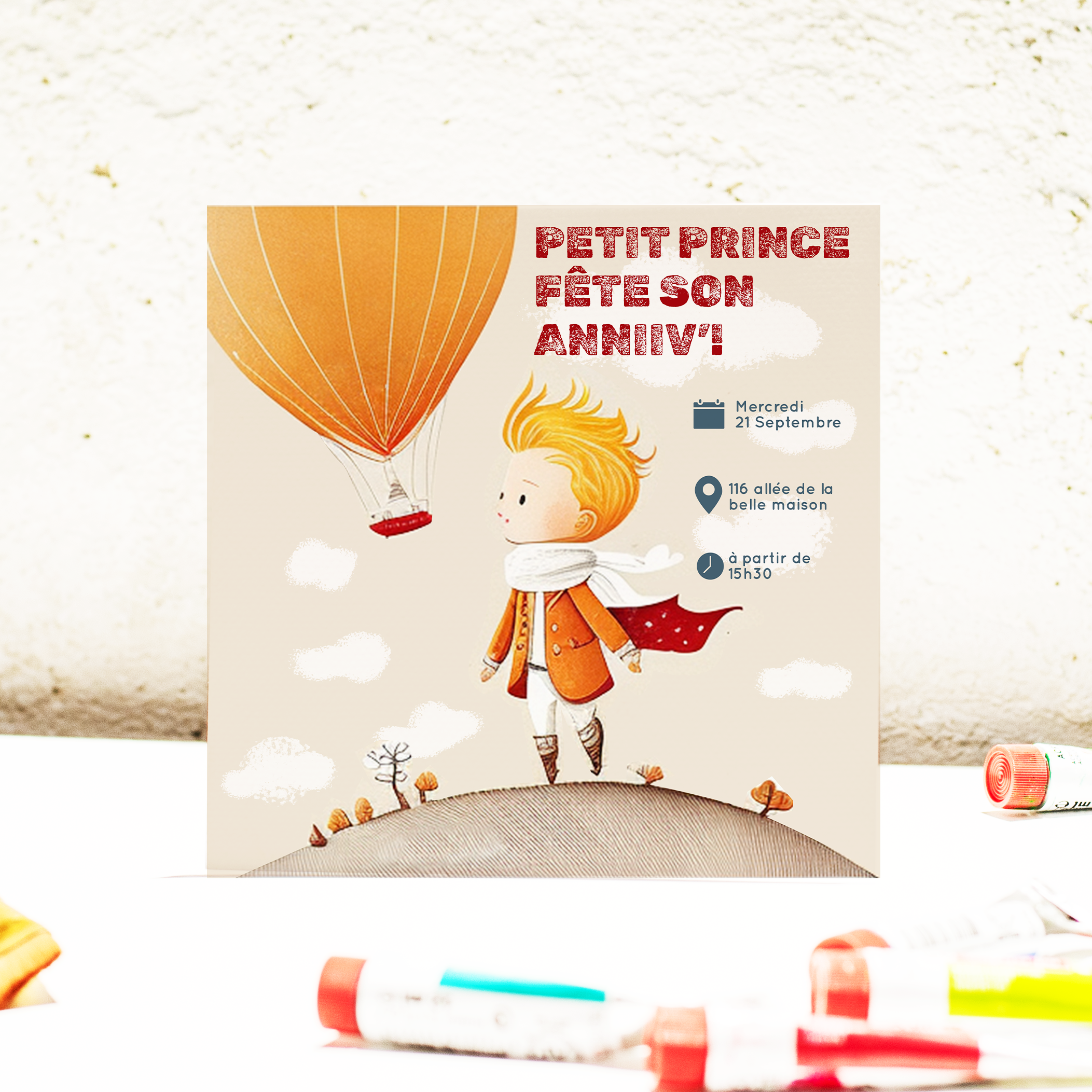 Petit Prince - Cette invitation met en avant une dominante chromatique claire, structurée par des marges sobres et une typographie posée. Nos créateurs ont conçu une esthétique premium qui valorise équilibre et harmonie. Nous assurons la personnalisation complète : vous nous transmettez le texte, nous l’intégrons avec soin, ajustons la palette et ajoutons un logo discret. Diffusée exclusivement au format digital, elle atteint vos invités immédiatement. Chaque détail – hiérarchie, proportions, cadence – a été pensé pour garantir fluidité et élégance. Une correspondance contemporaine, simple et raffinée.