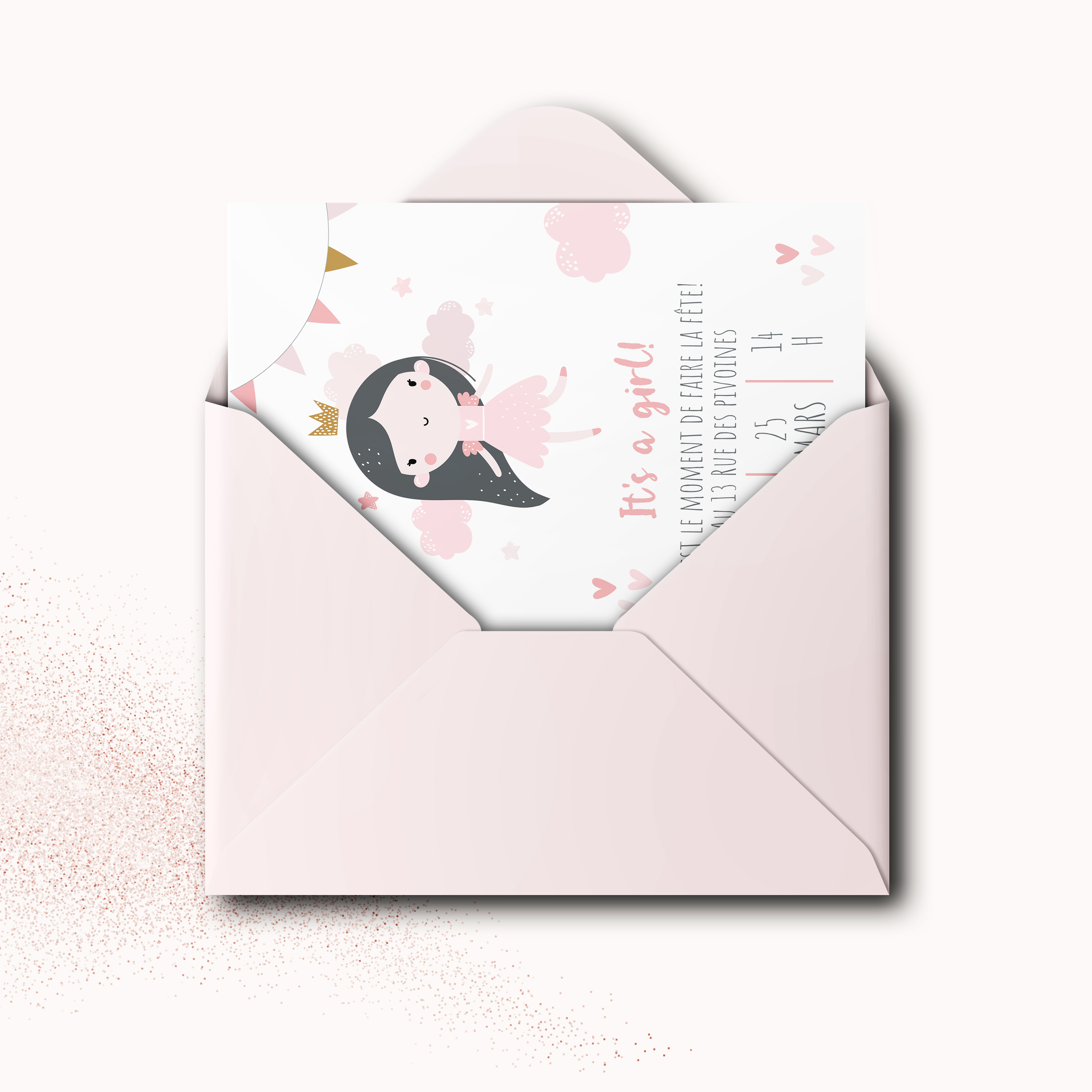 C'est Une Fille! - Cette invitation opte pour une clarté confiante : couleur dominante lumineuse, alignements nets, typographie lisible. Nos créateurs signent une présence premium qui s’adapte aux différents contextes de célébration. Nous prenons en charge la personnalisation complète : vous nous envoyez votre texte, nous le mettons en page, réglons la palette et ajoutons un logo discret. 100% digitale, elle parvient immédiatement à vos invités. Le rythme des blancs, la hiérarchie équilibrée et les contrastes maîtrisés garantissent une expérience fluide et élégante.