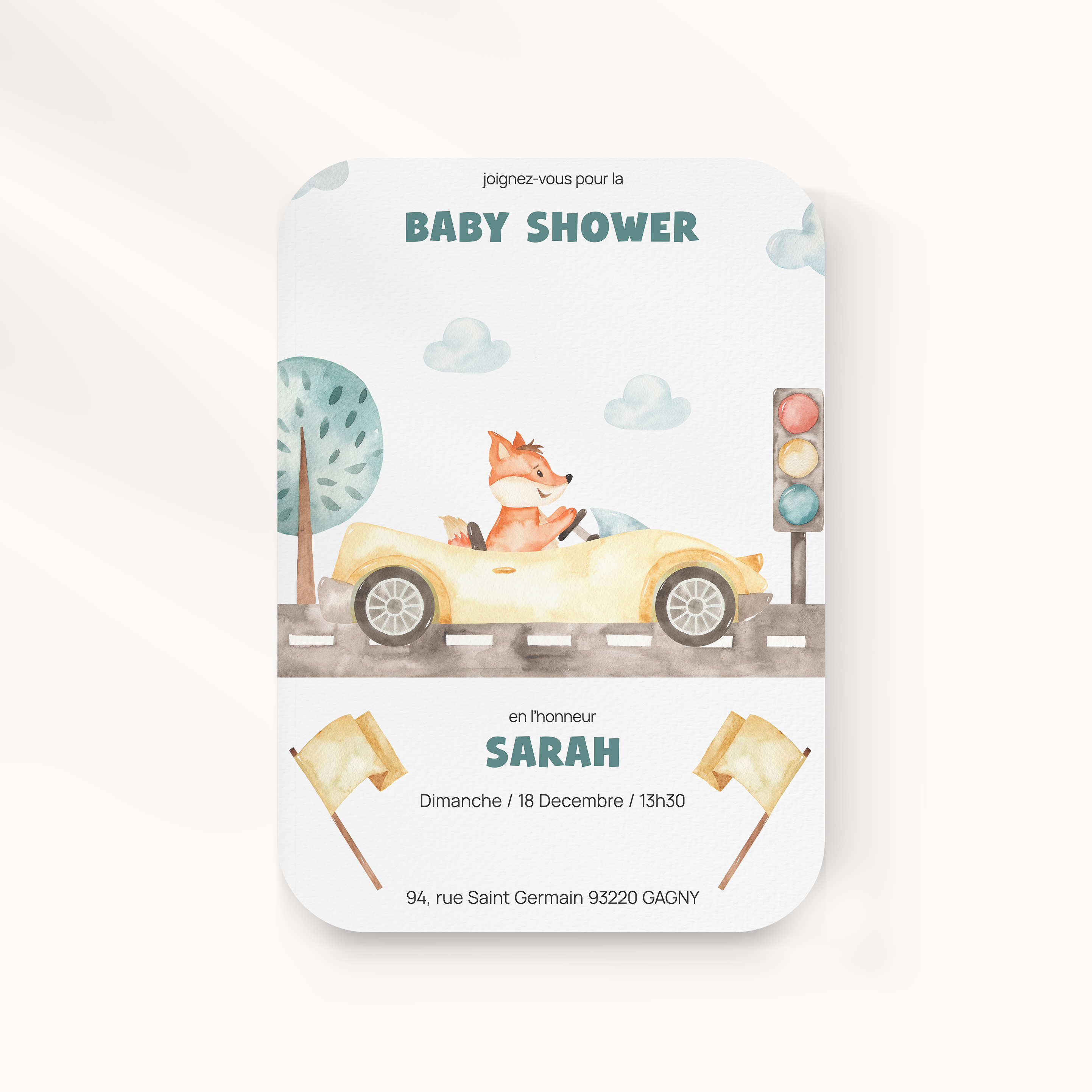 En Route - Le dessin met en avant une dominante chromatique lumineuse, tempérée par des marges sobres et une typographie claire. Nos créateurs ont composé une esthétique premium où la mesure soutient l’élégance. Nous prenons en charge la personnalisation complète : intégration de votre texte, harmonisation des teintes, ajout discret d’un logo. 100% digitale, l’invitation atteint vos invités instantanément. Chaque choix – cadence, alignements, échelle – a été calibré pour une lecture fluide et raffinée. Une correspondance contemporaine, fiable et durable.