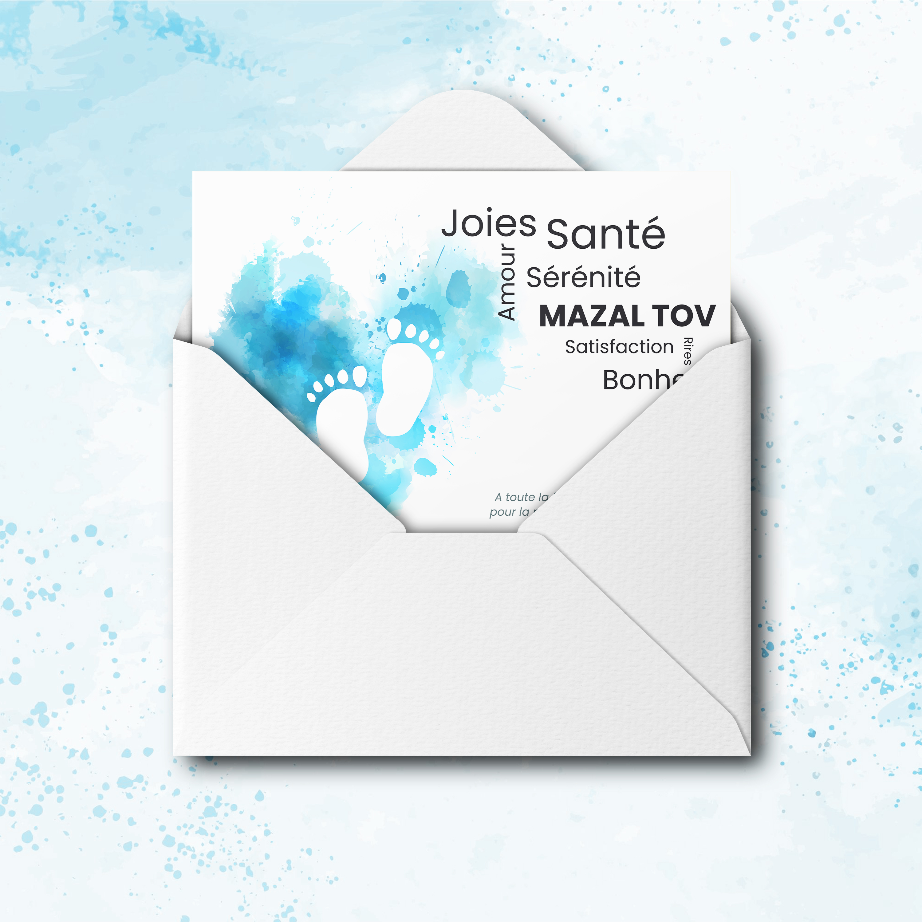 Blue Little Feet - Le dessin affirme une modernité claire : couleur dominante douce, marges équilibrées, typographie précise. Nos illustrateurs ont conçu un modèle premium qui met en avant la sobriété élégante. Nous assurons la personnalisation : vous nous envoyez le texte, nous l’intégrons avec soin, ajustons les nuances et ajoutons un logo discret. Diffusée exclusivement en numérique, elle atteint vos invités immédiatement. Chaque détail – hiérarchie, contrastes, proportions – a été calibré pour préserver fluidité et raffinement. Une correspondance contemporaine, simple et durable.