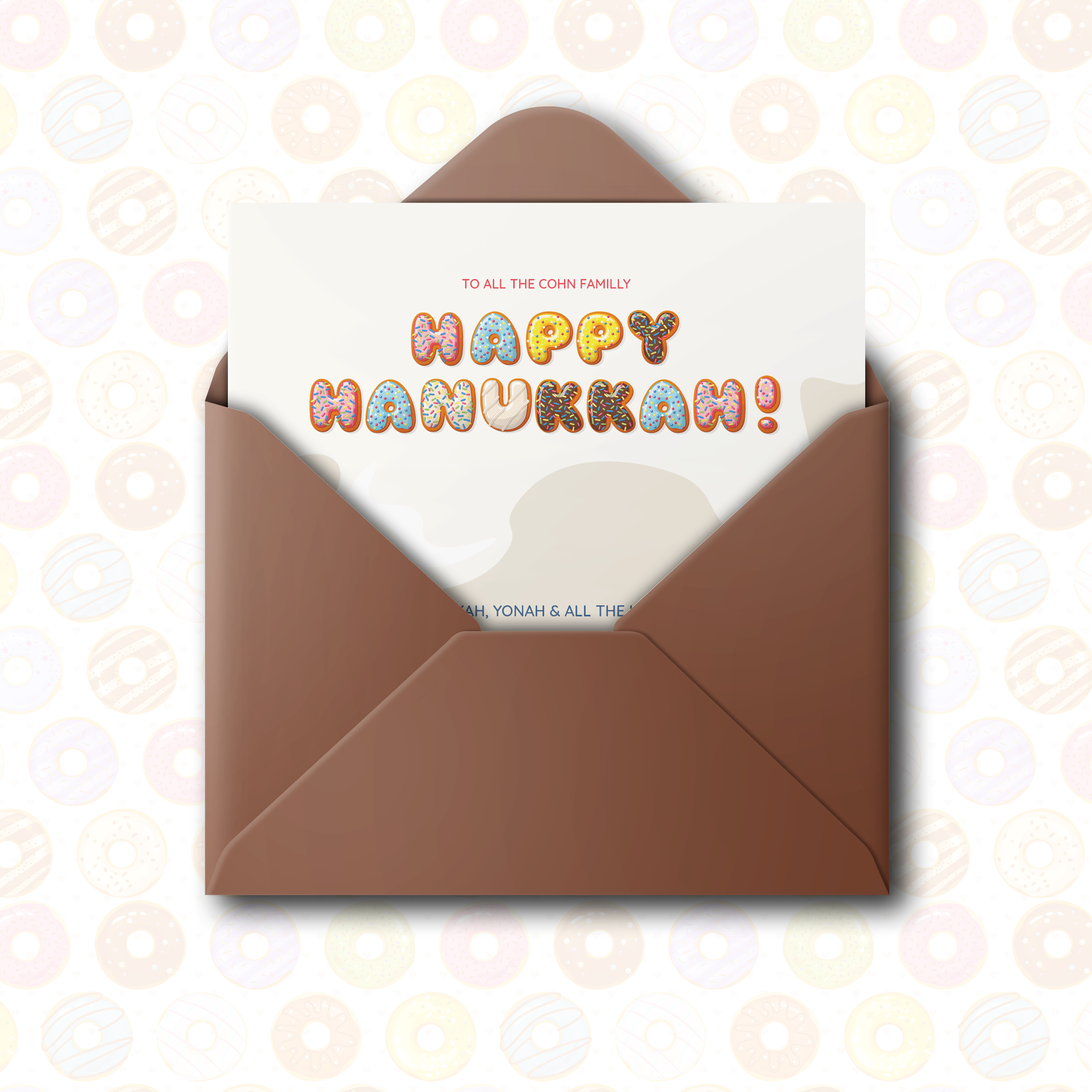 Happy Hanukkah Donut - Cette invitation privilégie une modernité douce : dominante chromatique lumineuse, marges équilibrées, typographie claire. Nos créateurs ont conçu une esthétique premium qui associe sobriété et raffinement. Nous assurons la personnalisation sur mesure : intégration de votre texte, réglage des nuances, ajout discret d’un logo. 100% digitale, elle atteint vos invités instantanément. Chaque paramètre – hiérarchie, proportions, contrastes – a été pensé pour préserver fluidité et élégance. Une correspondance contemporaine, fiable et posée.