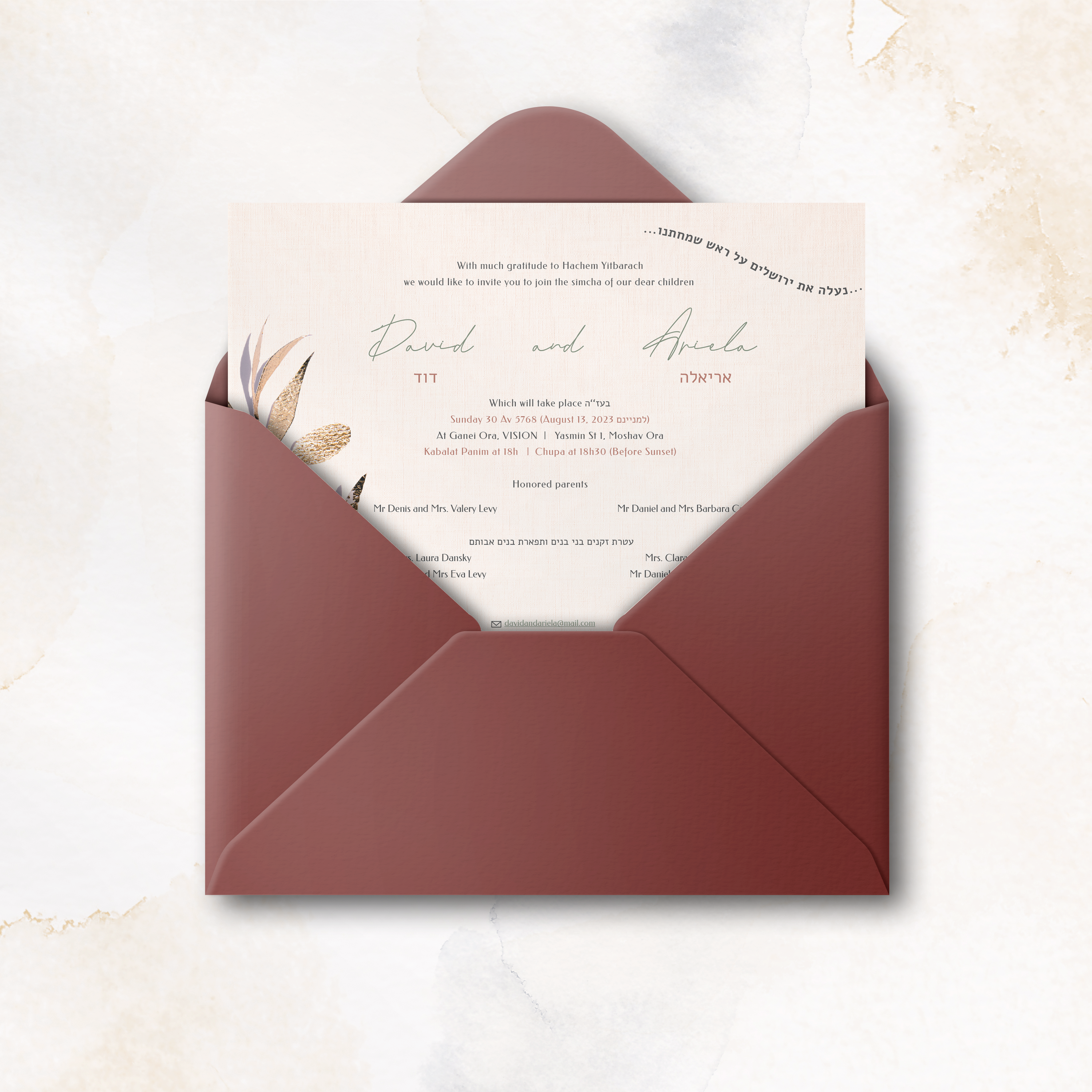 Olive Gold Leaf - Le dessin valorise une simplicité lumineuse : couleur dominante claire, marges équilibrées, typographie nette. Nos créateurs ont conçu une invitation premium qui met en avant clarté et justesse. Nous assurons la personnalisation sur mesure : vous nous confiez le texte, nous l’intégrons, ajustons la palette et ajoutons un logo discret. 100% digitale, elle atteint vos invités instantanément. Chaque choix – proportions, contrastes, alignements – a été pensé pour garantir fluidité et élégance. Une correspondance contemporaine, sobre et fiable.