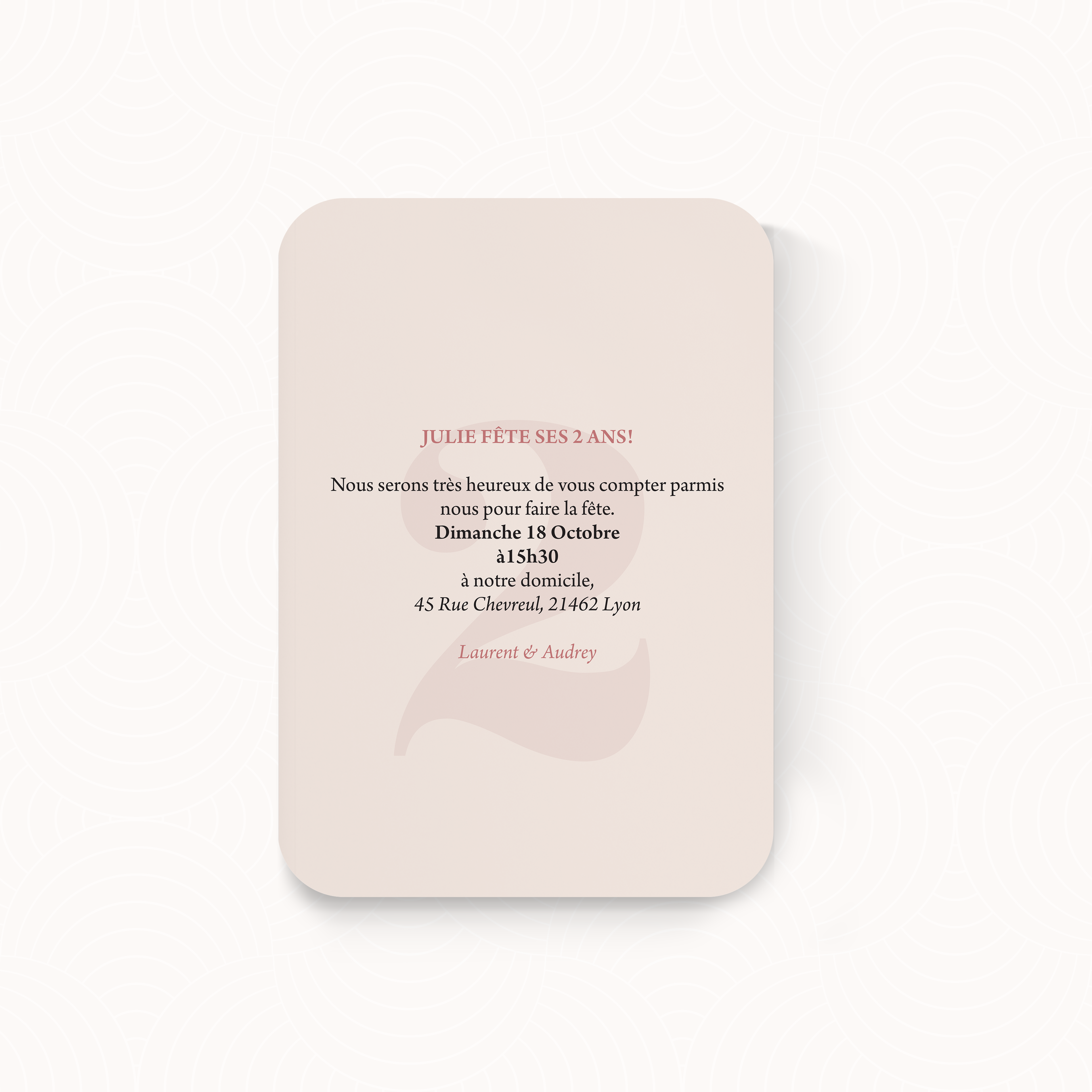 Number 2 - Cette invitation privilégie une écriture visuelle simple et maîtrisée. La couleur dominante sert de repère et accompagne vos mots avec sobriété. Les alignements équilibrés et la typographie nette garantissent lisibilité et modernité. Nos créateurs ont pensé ce modèle comme une correspondance premium, élégante et actuelle. Nous assurons la personnalisation complète : intégration du texte, réglage des teintes, ajout éventuel d’un logo discret. Diffusée exclusivement au format digital, elle est transmise immédiatement à vos invités. Chaque choix esthétique privilégie la justesse et la mesure. Une invitation sobre et durable, faite pour vos moments essentiels.