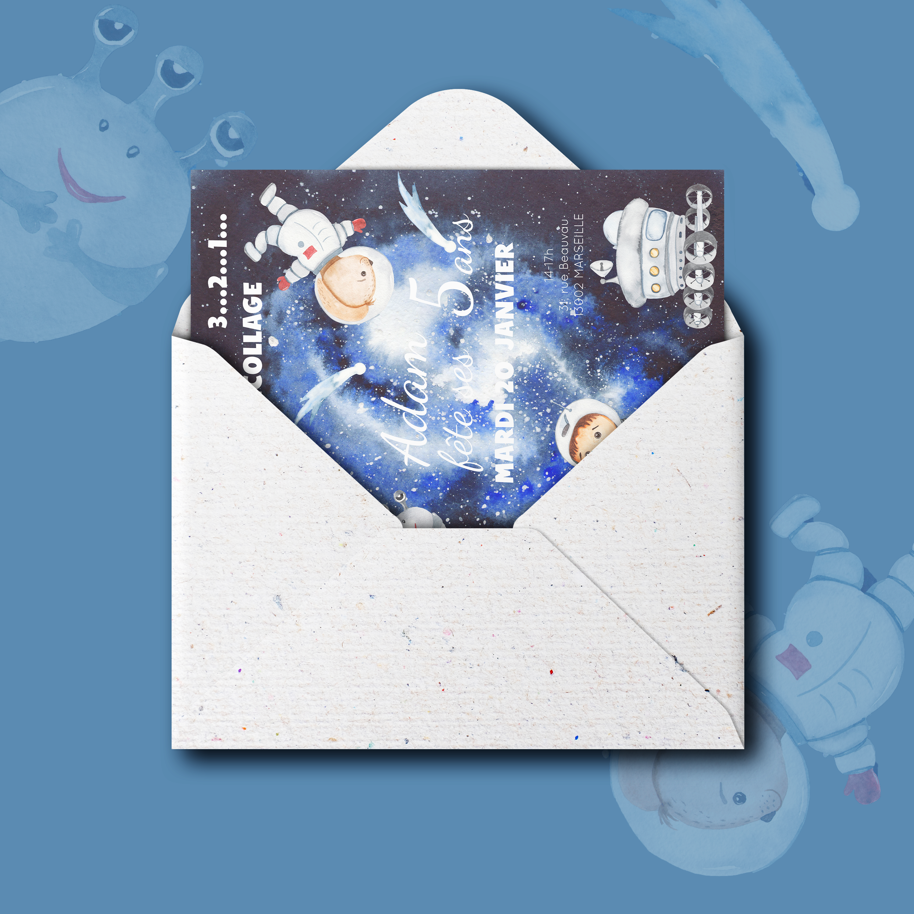 Voyage Dans L'espace - Cette invitation met en avant une rigueur graphique : couleur dominante affirmée, structure régulière, typographie nette. Nos créateurs ont composé une esthétique premium qui associe précision et harmonie. Nous réalisons la personnalisation complète : vous nous envoyez le texte, nous le composons, harmonisons les teintes et ajoutons un logo discret. Diffusée exclusivement en numérique, elle atteint vos invités instantanément. Chaque détail – proportions, cadence, contrastes – a été calibré pour garantir fluidité et élégance. Une correspondance contemporaine, sobre et raffinée.