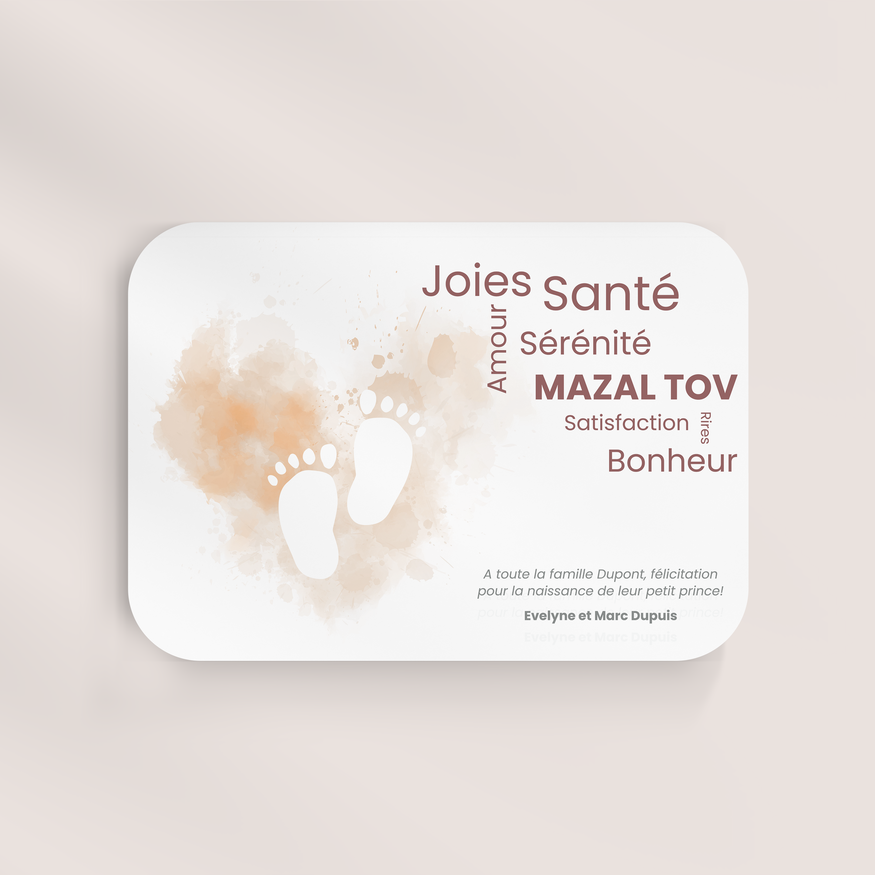 Beige Little Feet - Le modèle illustre une sobriété lumineuse : dominante chromatique claire, marges sobres, typographie nette. Nos illustrateurs signent une invitation premium qui met en avant la clarté. Nous assurons la personnalisation complète : vous nous transmettez le texte, nous l’intégrons avec précision, harmonisons les couleurs et ajoutons un logo discret. 100% digitale, elle atteint vos invités sans délai. Chaque détail – proportions, cadence, contrastes – a été calibré pour préserver fluidité et justesse. Une correspondance contemporaine, simple et élégante.