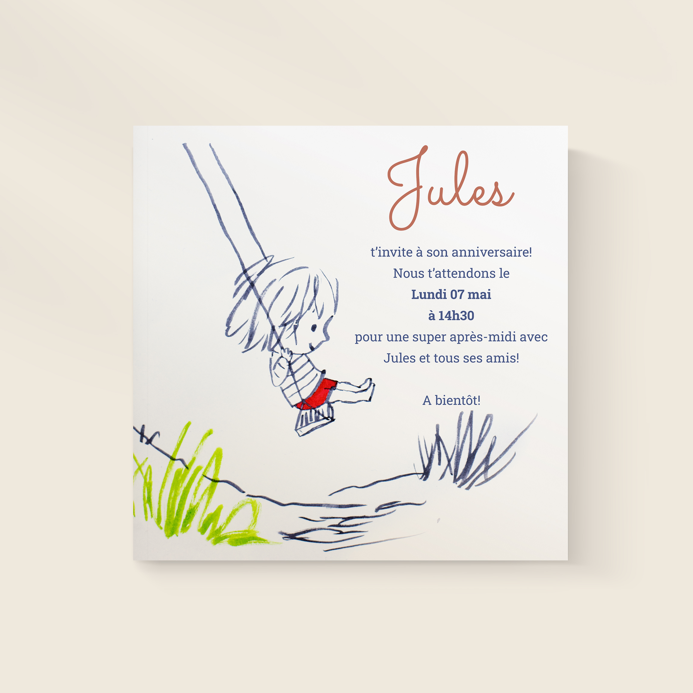 Balançoire - Le dessin affirme une sobriété contemporaine : couleur dominante claire, marges équilibrées, typographie posée. Nos créateurs signent un modèle premium qui s’impose par sa stabilité. Vous nous confiez votre texte ; nous le composons avec soin, harmonisons les couleurs et ajoutons un logo discret. 100% digitale, l’invitation atteint vos invités immédiatement. Chaque détail – proportions, contrastes, structure – a été pensé pour assurer fluidité et élégance. Une correspondance moderne, fiable et claire.