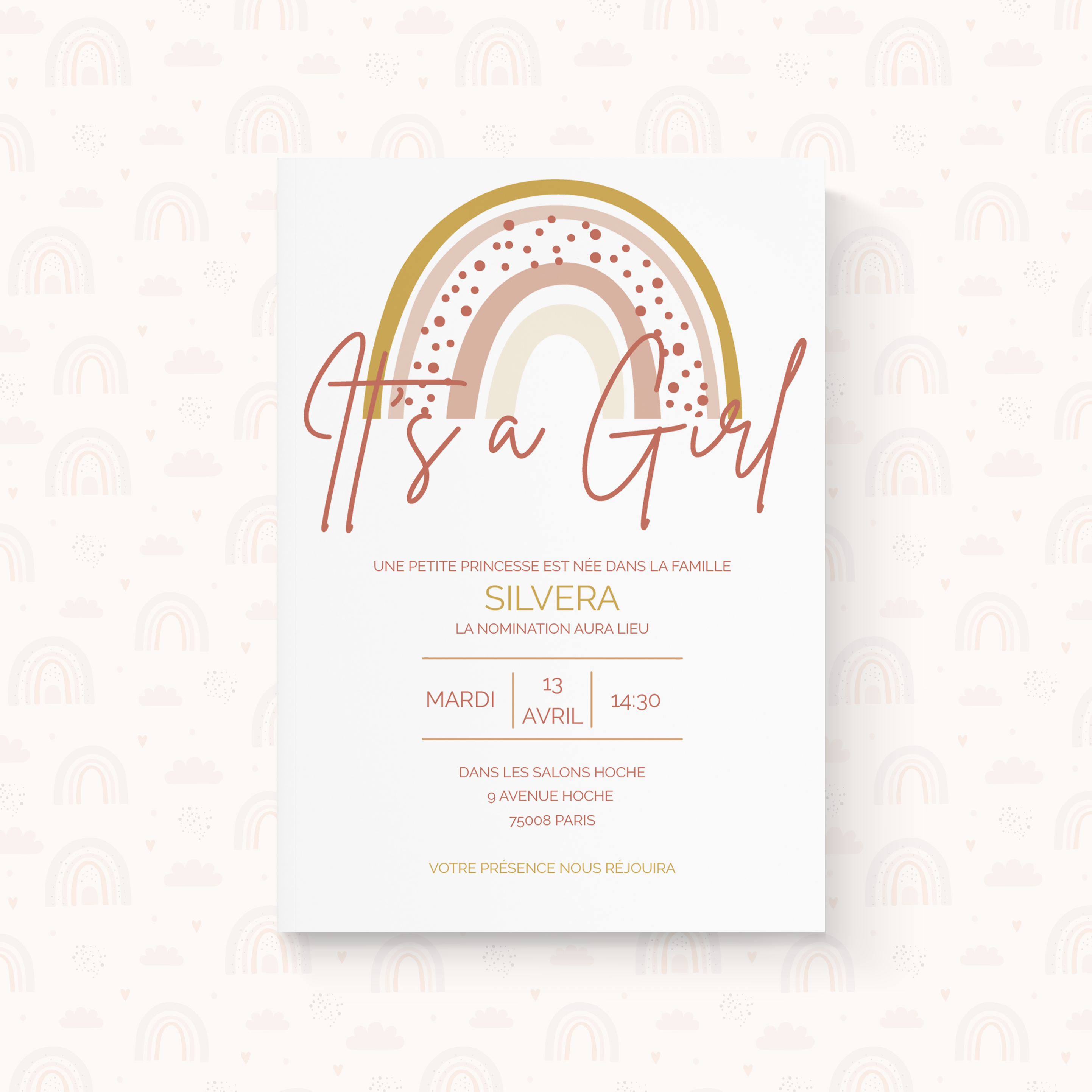 Pink Rainbow - Le modèle illustre une sobriété contemporaine : couleur dominante claire, structure régulière, typographie nette. Nos illustrateurs signent une esthétique premium qui privilégie la cohérence et la lisibilité. Nous assurons la personnalisation complète : vous nous transmettez le texte, nous l’intégrons avec précision, ajustons les couleurs et ajoutons un logo discret. 100% digitale, l’invitation atteint vos invités immédiatement. Chaque choix – hiérarchie, proportions, marges – a été pensé pour préserver fluidité et raffinement. Une correspondance moderne, simple et fiable.