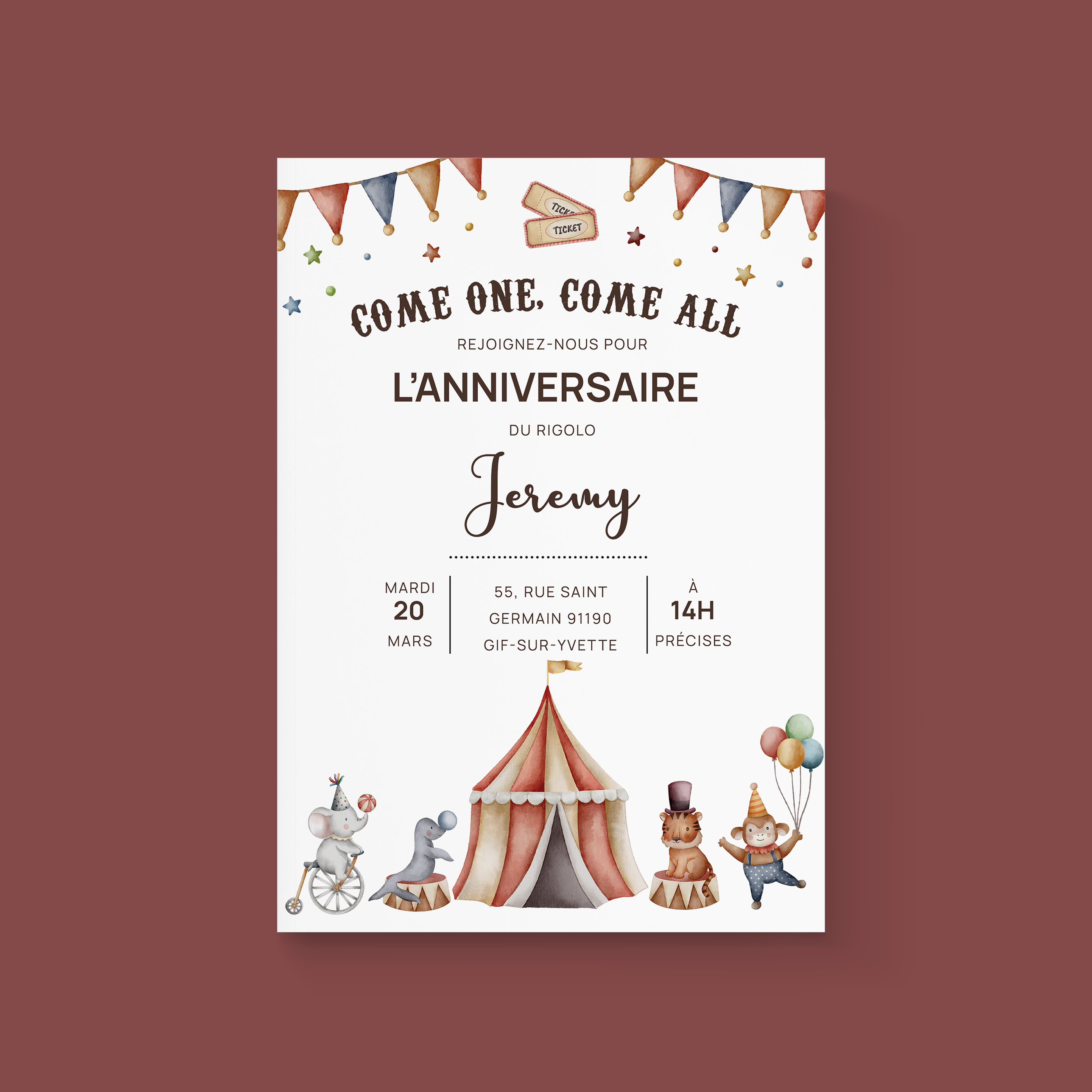 Drôle De Cirque - Le dessin met en avant une modernité posée : dominante chromatique douce, marges équilibrées, typographie claire. Nos illustrateurs signent une invitation premium qui associe retenue et précision. Nous assurons la personnalisation complète : vous nous confiez le texte, nous le composons, harmonisons les couleurs et ajoutons un logo discret. Entièrement digitale, elle se partage instantanément. Les proportions stables, la hiérarchie lisible et la cadence typographique composent une élégance tranquille, propice aux annonces comme aux invitations.