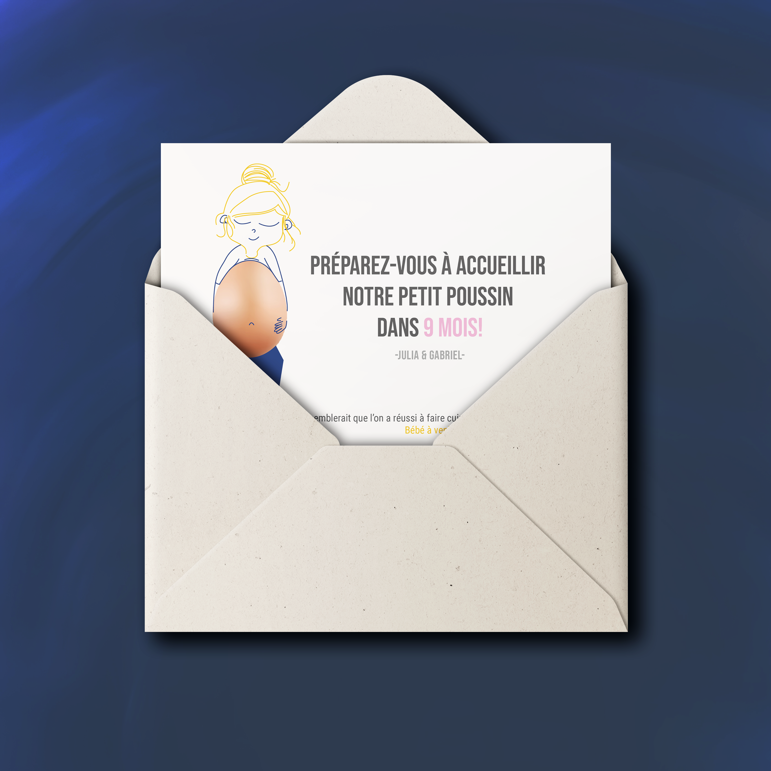 Bébé à Venir - Le modèle met en scène une dominante chromatique claire, articulée par une mise en page régulière et une typographie nette. Nos illustrateurs ont privilégié une modernité mesurée qui installe la confiance sans emphase. Nous prenons en charge la personnalisation : vous nous transmettez le texte, nous l’intégrons avec soin, harmonisons les nuances et ajoutons un logo discret si nécessaire. 100% digital, l’envoi est immédiat. Chaque choix – proportions, alignements, contrastes – concourt à une lecture fluide et durable. Une correspondance premium, posée et élégante.