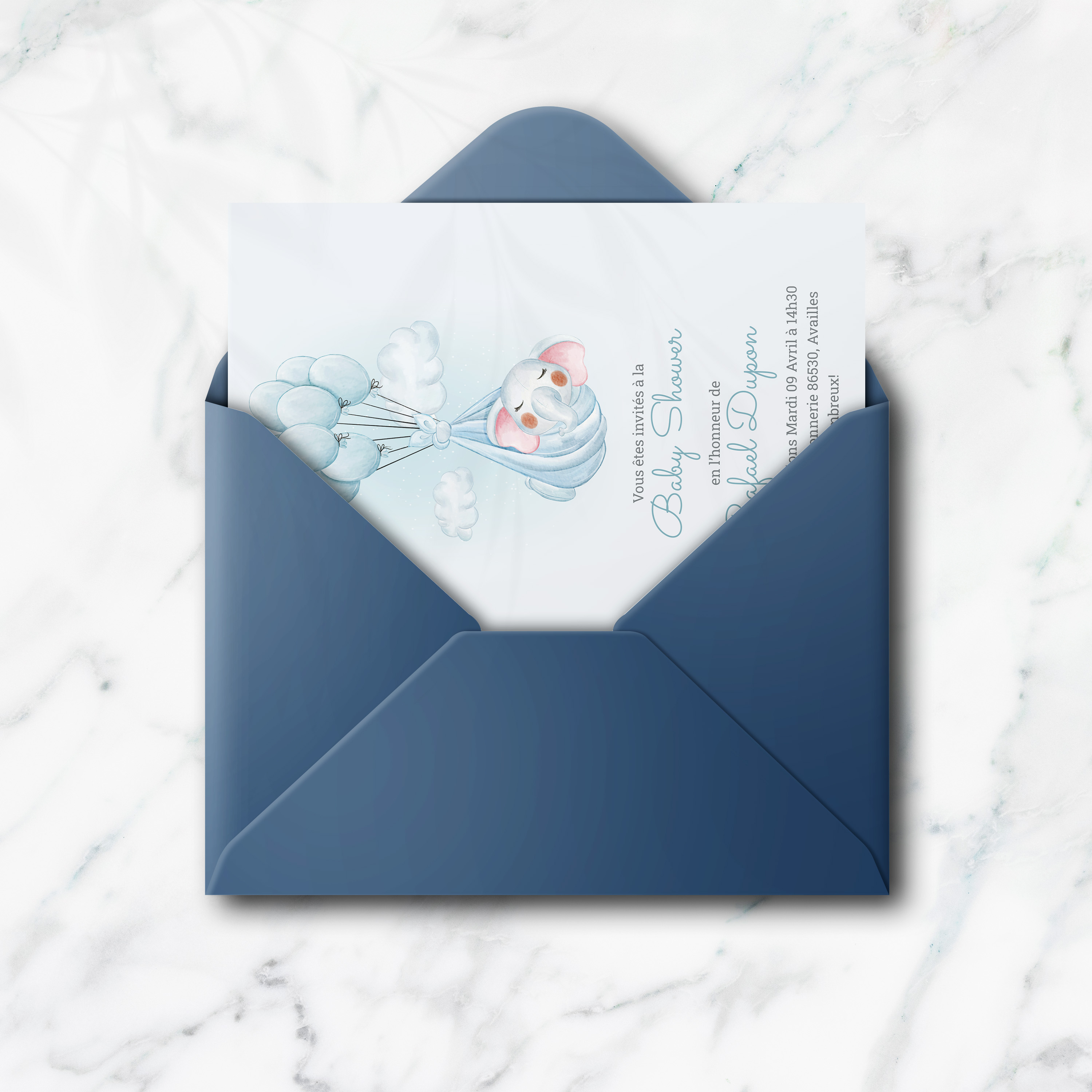 Elefant Shower Blue - Cette invitation privilégie la sobriété contemporaine : couleur dominante douce, marges régulières, typographie claire. Nos créateurs signent une esthétique premium qui allie retenue et élégance. Vous nous confiez le texte ; nous l’intégrons avec soin, réglons la palette et ajoutons un logo discret. Entièrement digitale, elle atteint vos invités immédiatement. Chaque choix – proportions, alignements, contrastes – a été calibré pour garantir fluidité et harmonie. Une correspondance moderne, fiable et raffinée.