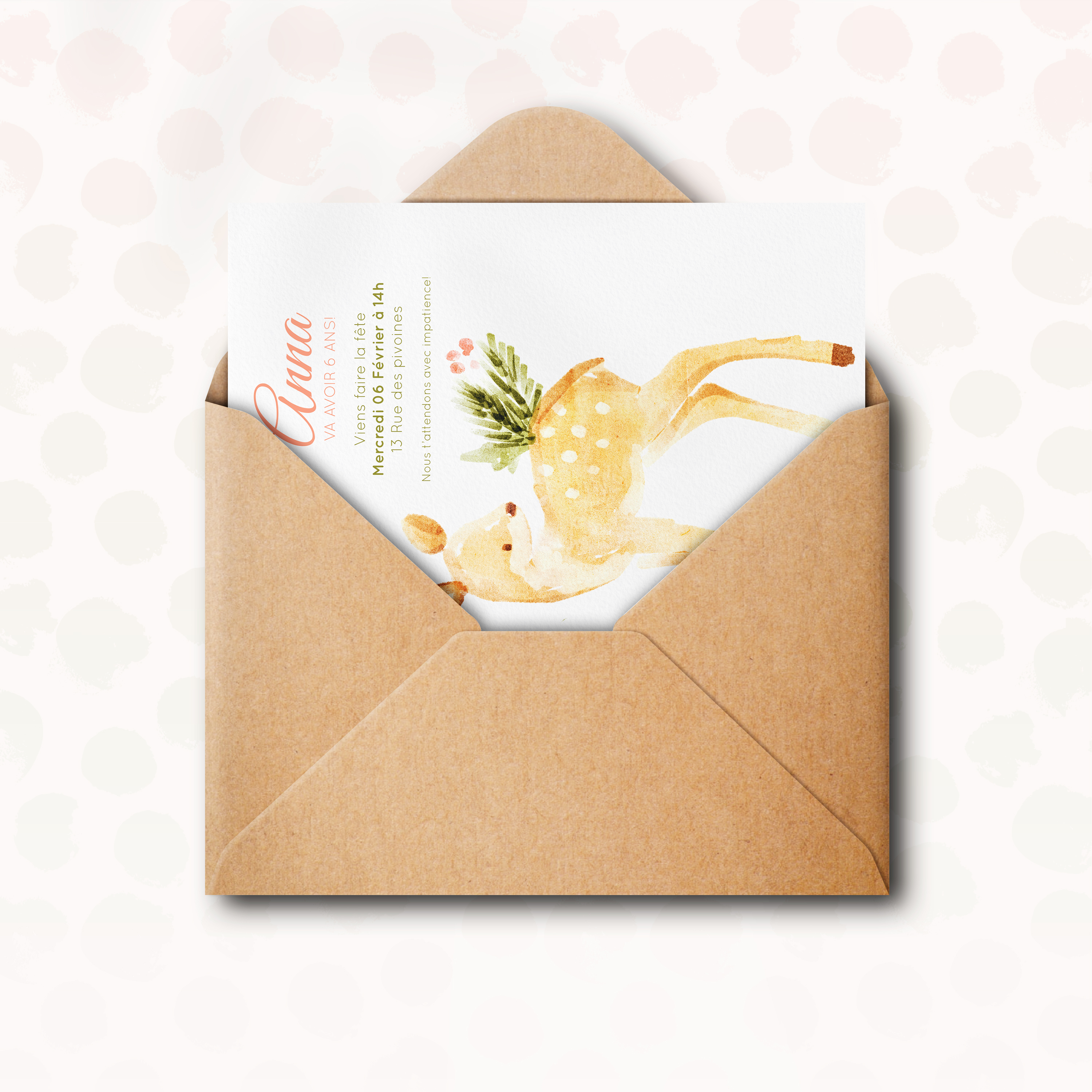 Bambi - Le modèle affirme une sobriété contemporaine : dominante chromatique douce, alignements réguliers, typographie lisible. Conçu par nos illustrateurs, il valorise une esthétique premium faite de précision et de retenue. Vous nous transmettez le texte ; nous l’intégrons avec soin, réglons la palette et ajoutons un logo discret. Entièrement digital, il atteint vos invités sans délai. Chaque détail – proportions, marges, contrastes – a été pensé pour garantir fluidité et élégance. Une correspondance moderne, claire et raffinée.