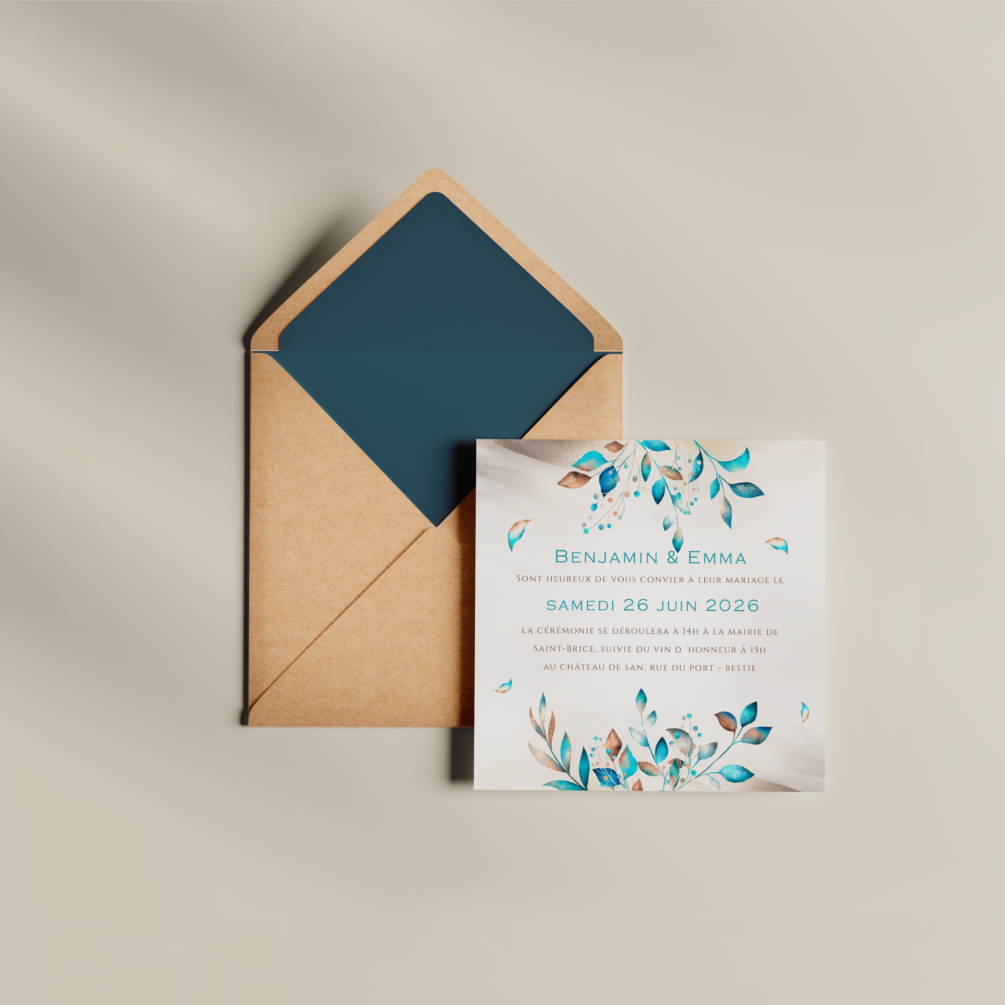 Turquoise - Pensée comme une composition mesurée, cette invitation associe une dominante chromatique expressive à une typographie équilibrée. L’ensemble met vos mots en valeur dans un cadre contemporain. Nos illustrateurs ont privilégié la précision et la sobriété pour préserver l’émotion du message. Vous nous confiez votre texte ; nous le composons avec exactitude, ajustons les nuances et ajoutons un logo discret si besoin. Diffusée uniquement en version digitale, elle atteint vos destinataires sans délai. Chaque détail – rythme, proportions, marges – contribue à la lisibilité et à l’harmonie générale. Une correspondance premium, simple et élégante, faite pour accompagner vos annonces importantes.