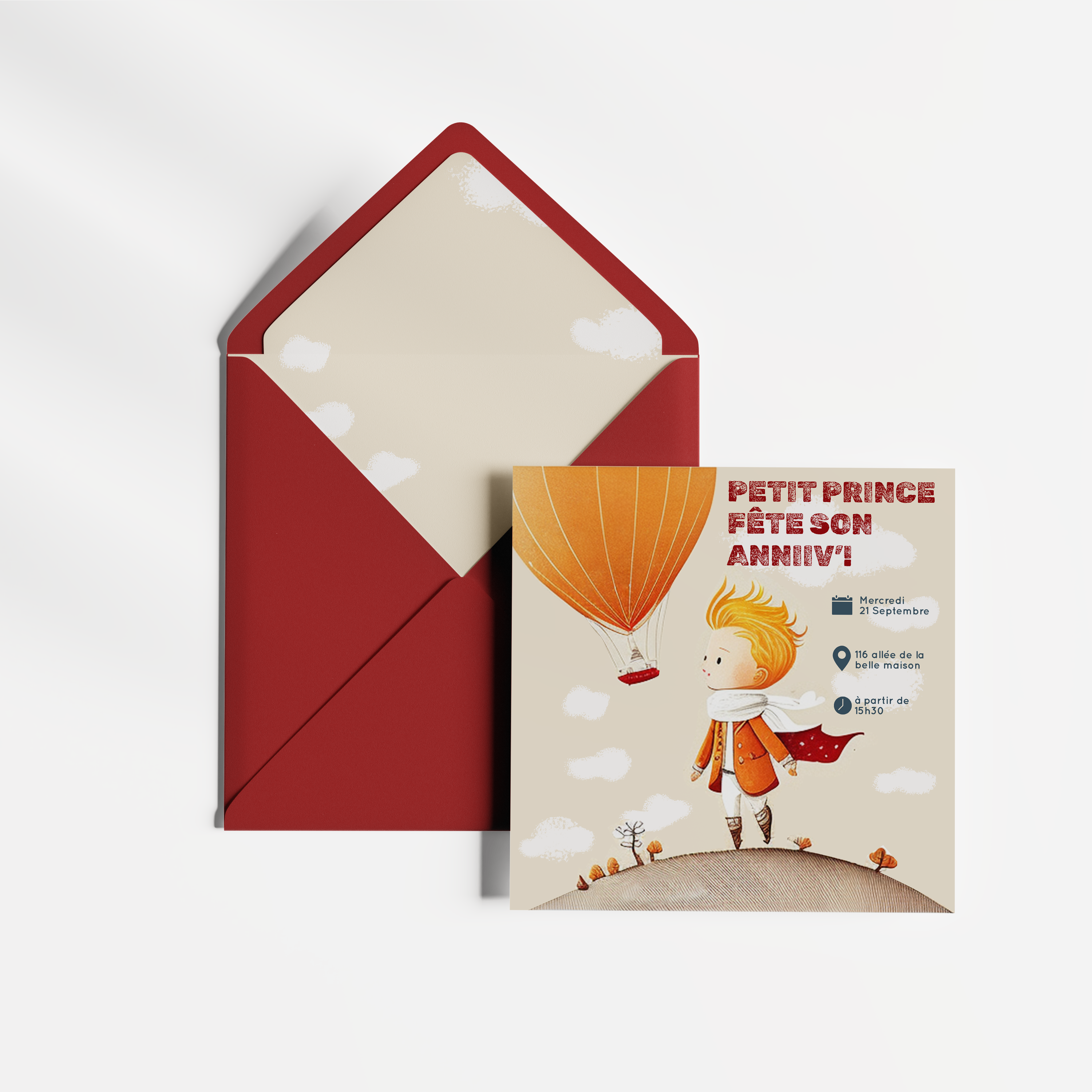 Petit Prince - Cette invitation met en avant une dominante chromatique claire, structurée par des marges sobres et une typographie posée. Nos créateurs ont conçu une esthétique premium qui valorise équilibre et harmonie. Nous assurons la personnalisation complète : vous nous transmettez le texte, nous l’intégrons avec soin, ajustons la palette et ajoutons un logo discret. Diffusée exclusivement au format digital, elle atteint vos invités immédiatement. Chaque détail – hiérarchie, proportions, cadence – a été pensé pour garantir fluidité et élégance. Une correspondance contemporaine, simple et raffinée.