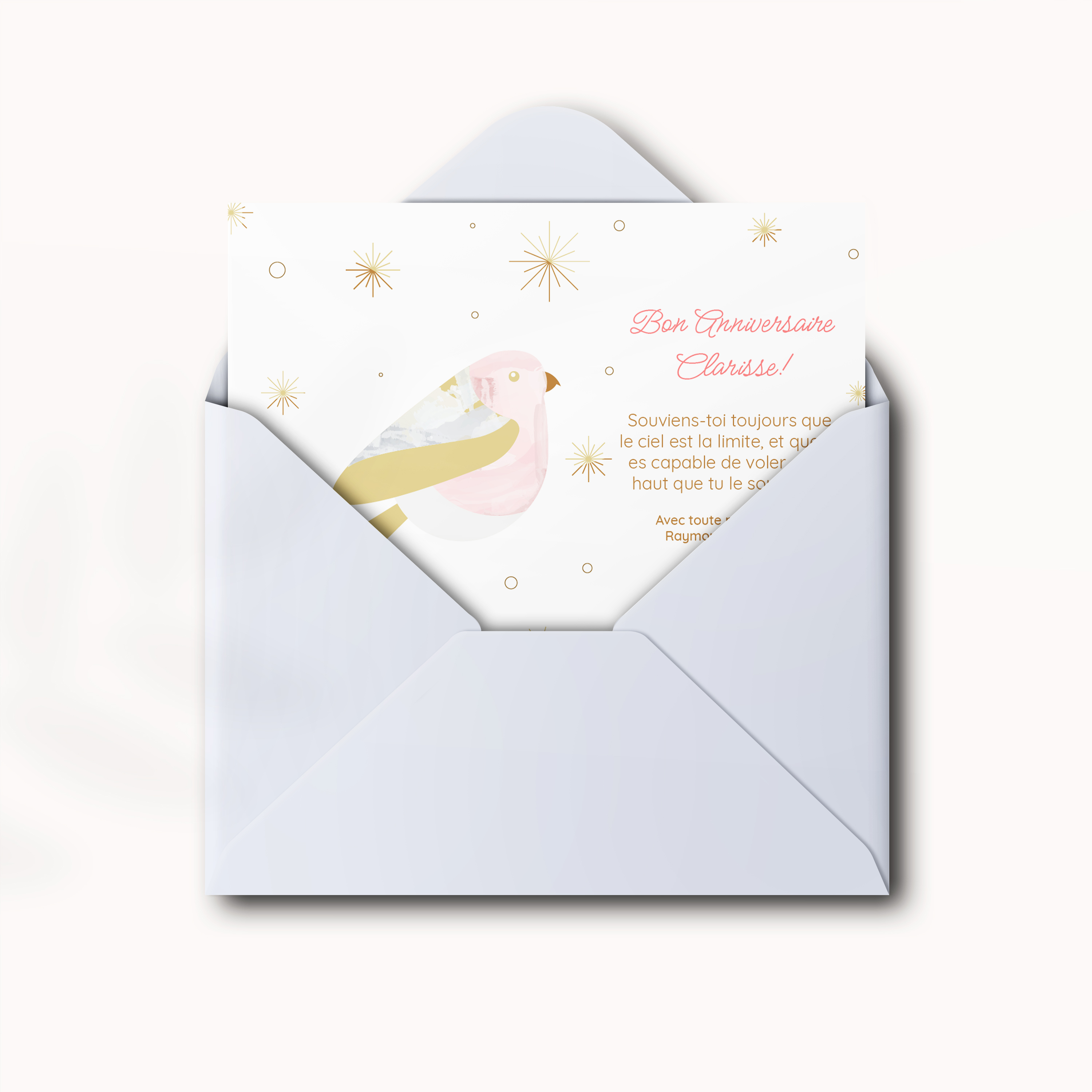 Envol Ailé - Le modèle affirme une modernité posée : dominante chromatique douce, marges régulières, titrages mesurés. Nos illustrateurs ont conçu une esthétique premium où l’équilibre prime, loin des effets superflus. Nous prenons en charge la personnalisation : vous nous transmettez le texte, nous l’intégrons, affinons les couleurs et ajoutons un logo discret si nécessaire. 100% digitale, l’invitation se diffuse immédiatement auprès de vos invités. La structure claire, le tempo des lignes et la respiration des blancs assurent une lecture confortable et sûre. Idéal pour annoncer un événement avec élégance, ce dessin privilégie l’essentiel et assume une allure contemporaine, sobre et durable.