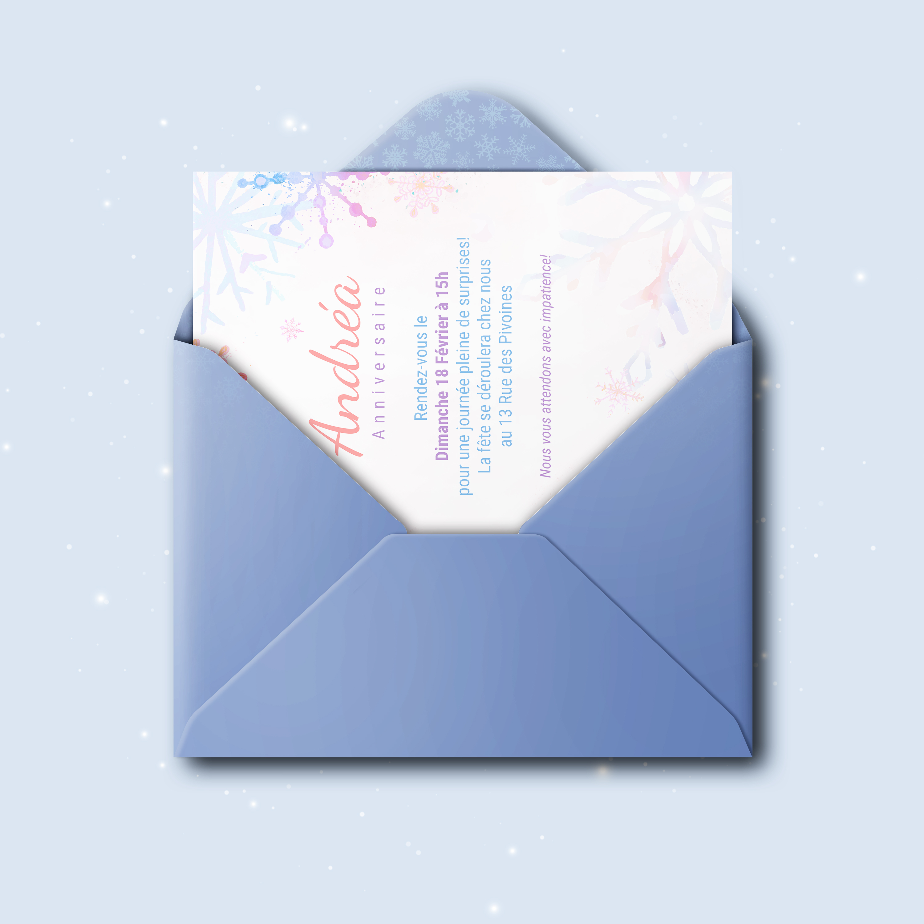 Flocons De Neige - Le dessin met en valeur une dominante chromatique lumineuse, tempérée par des marges aérées et une typographie nette. Nos illustrateurs ont conçu une présence premium qui laisse vos mots occuper la scène. Nous assurons la personnalisation : vous nous envoyez votre texte, nous le composons, ajustons les couleurs et ajoutons un logo discret. Diffusée exclusivement en numérique, l’invitation atteint vos invités instantanément. Chaque détail – proportions, échelle, contrastes – a été calibré pour préserver fluidité et raffinement. Une correspondance contemporaine, simple et durable.