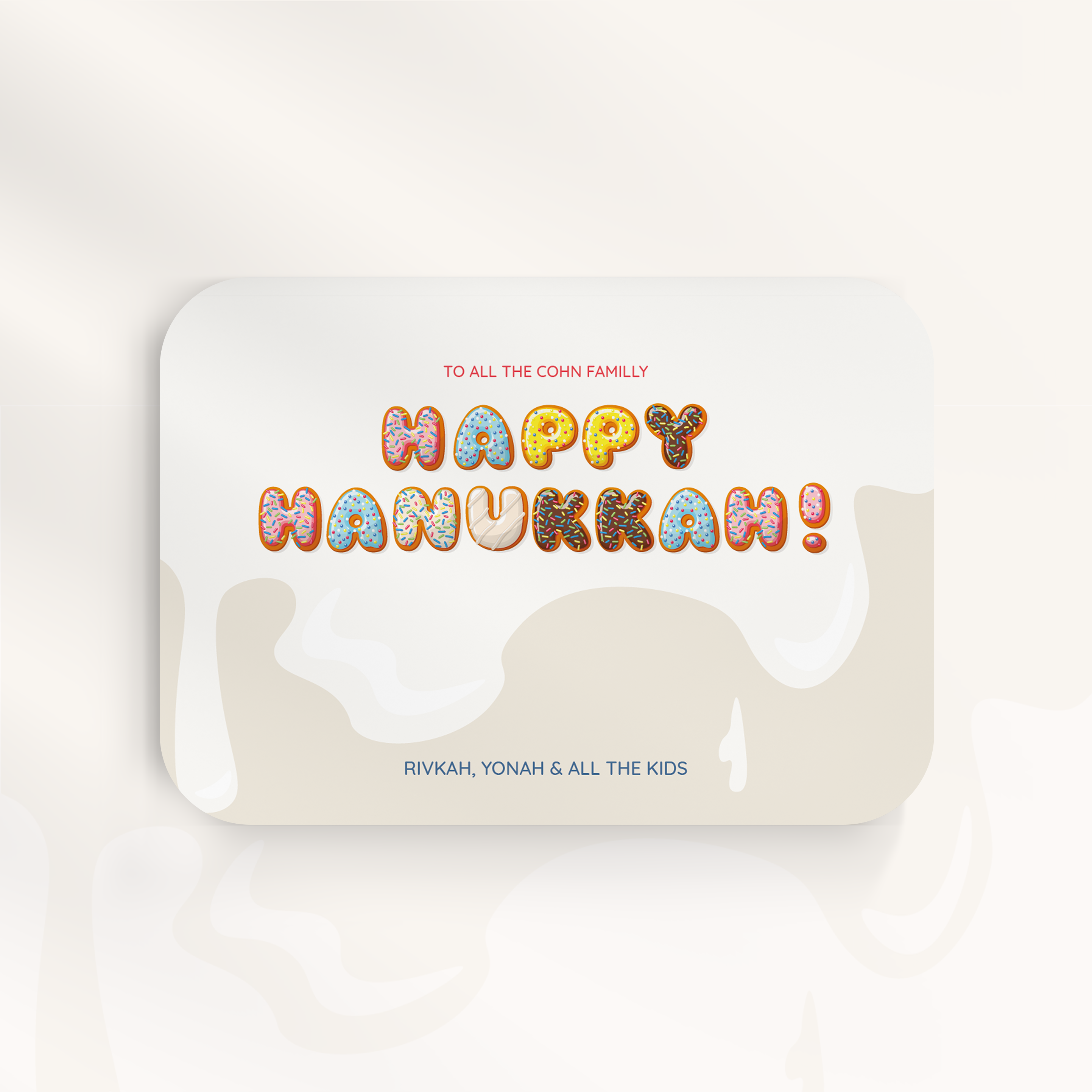 Happy Hanukkah Donut - Cette invitation privilégie une modernité douce : dominante chromatique lumineuse, marges équilibrées, typographie claire. Nos créateurs ont conçu une esthétique premium qui associe sobriété et raffinement. Nous assurons la personnalisation sur mesure : intégration de votre texte, réglage des nuances, ajout discret d’un logo. 100% digitale, elle atteint vos invités instantanément. Chaque paramètre – hiérarchie, proportions, contrastes – a été pensé pour préserver fluidité et élégance. Une correspondance contemporaine, fiable et posée.