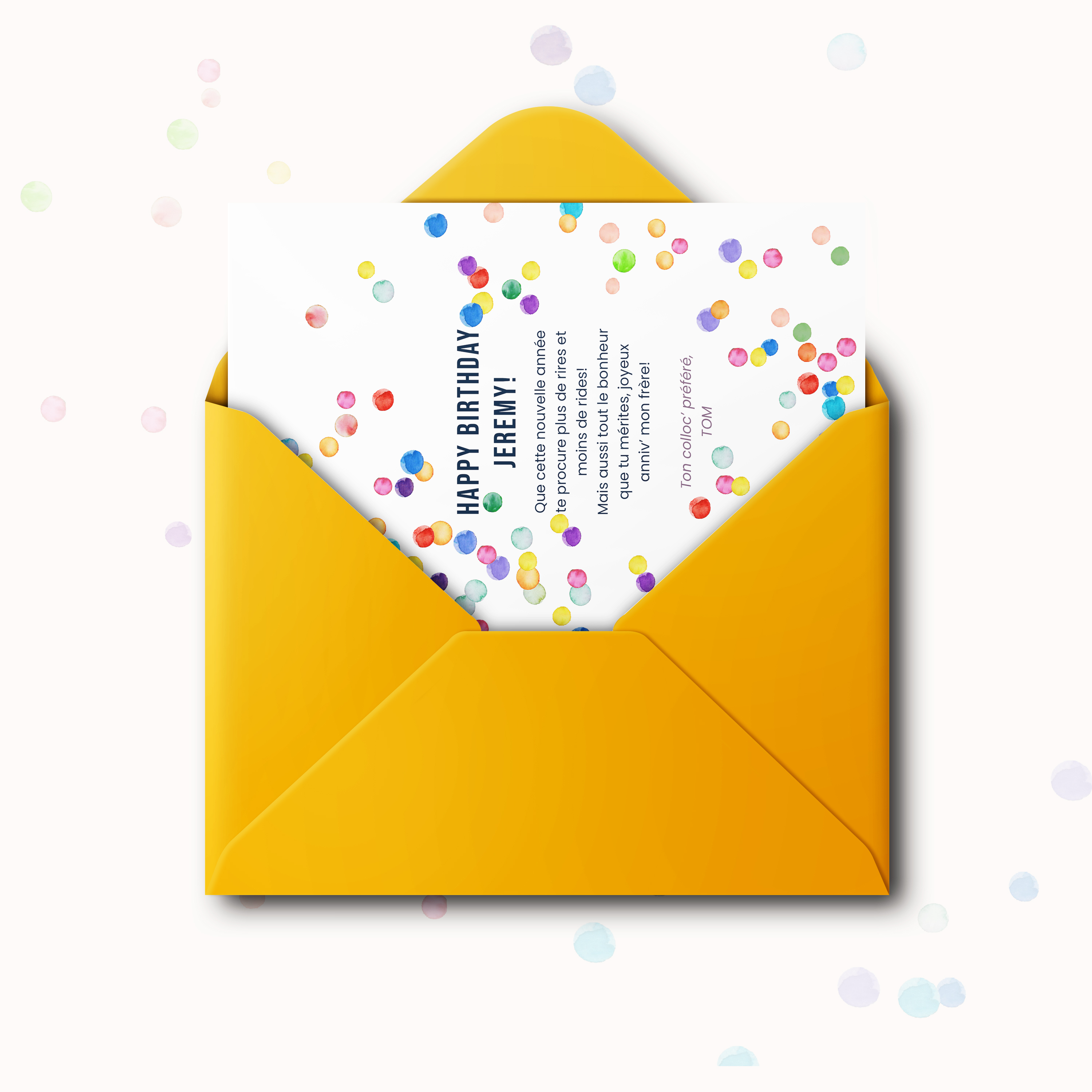 Confetti - Le modèle illustre une clarté posée : couleur dominante douce, proportions équilibrées, typographie précise. Nos illustrateurs ont façonné une esthétique premium qui associe sobriété et rigueur. Nous assurons la personnalisation complète : vous nous confiez le texte, nous le composons, ajustons les nuances et ajoutons un logo discret. Diffusée exclusivement en numérique, l’invitation atteint vos invités sans délai. Chaque choix – hiérarchie, cadence, contrastes – a été pensé pour préserver fluidité et élégance. Une correspondance contemporaine, simple et raffinée.