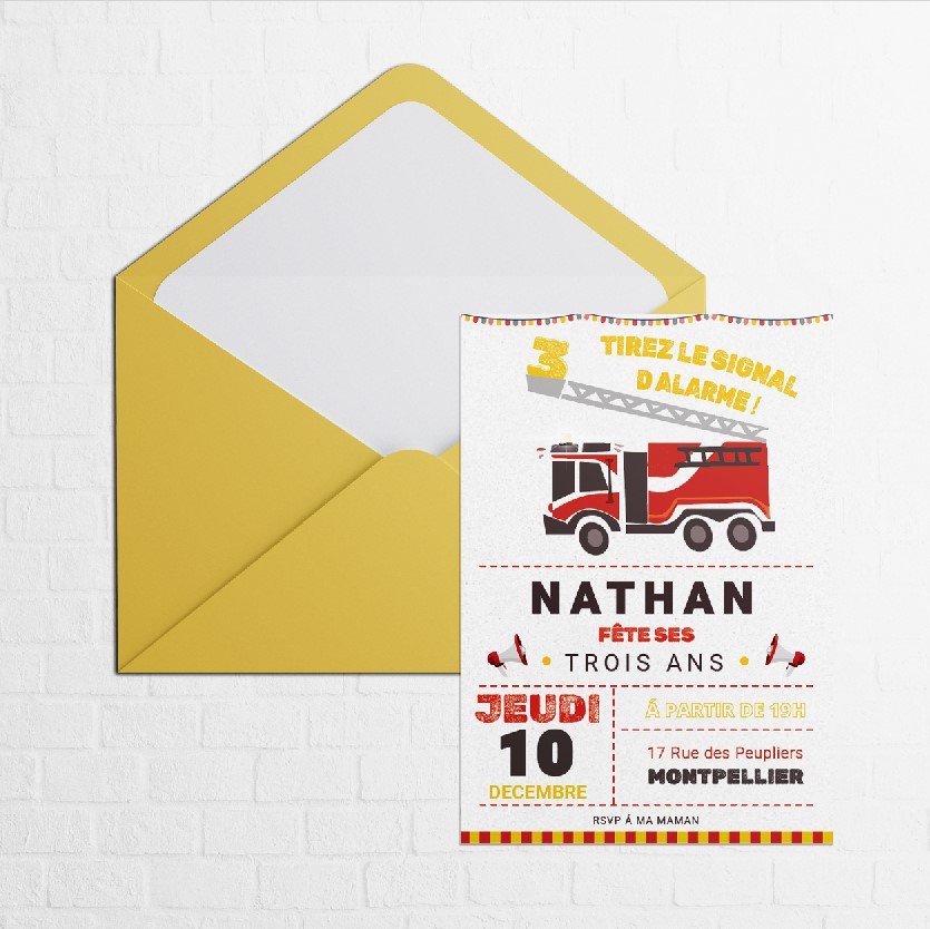 Pompier - Cette invitation s’adresse à celles et ceux qui recherchent une modernité tranquille : dominante chromatique apaisée, proportions régulières, typographie au dessin net. Nos créateurs ont conçu un cadre premium qui met vos mots au premier plan. Nous assurons la personnalisation : vous nous envoyez votre texte, nous le composons avec soin, ajustons les couleurs et ajoutons un logo discret si nécessaire. Entièrement digitale, elle atteint vos invités immédiatement. Chaque décision graphique – structure, cadence, contraste – a été mesurée pour préserver clarté et élégance.