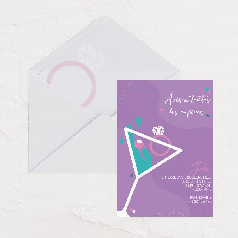 Cocktail Violet - Cette invitation met en avant la simplicité lumineuse : dominante chromatique claire, marges équilibrées, typographie posée. Nos créateurs ont voulu un design premium qui privilégie la sobriété et la justesse. Nous réalisons la personnalisation : texte intégré avec soin, teintes harmonisées, ajout discret d’un logo. Diffusée exclusivement en numérique, elle rejoint vos invités instantanément. Chaque choix – alignements, contrastes, proportions – a été pensé pour offrir une lecture fluide et élégante. Une correspondance contemporaine, sobre et raffinée.