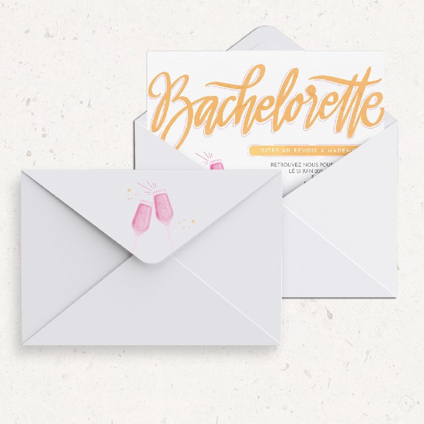 Bachelorette Orange - Le dessin illustre une modernité sobre : dominante chromatique affirmée, marges régulières, typographie claire. L’ensemble compose une invitation premium, droite et raffinée. Réalisée par nos illustrateurs, elle privilégie la mesure et la cohérence. Nous assurons la personnalisation sur mesure : vous nous transmettez votre texte, nous l’intégrons avec précision, harmonisons la palette et ajoutons un logo discret si besoin. Entièrement digitale, elle atteint vos invités sans délai. Chaque élément – hiérarchie, cadence, contrastes – a été calibré pour préserver élégance et fluidité. Une correspondance contemporaine, fiable et élégante.