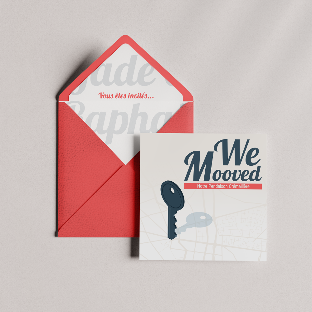 We Mooved - Cette création joue la carte de la simplicité tenue : dominante chromatique nette, marges sobres, typographie claire. L’ensemble traduit une esthétique premium où vos mots trouvent leur place. Nous réalisons la personnalisation : vous nous confiez le texte, nous l’intégrons avec soin, ajustons la palette et ajoutons un logo discret si nécessaire. Diffusée exclusivement en digital, elle atteint vos invités immédiatement. Chaque choix visuel – proportions, hiérarchie, contraste – a été conçu pour préserver lisibilité et élégance. Une correspondance contemporaine et fiable, adaptée à vos annonces importantes.
