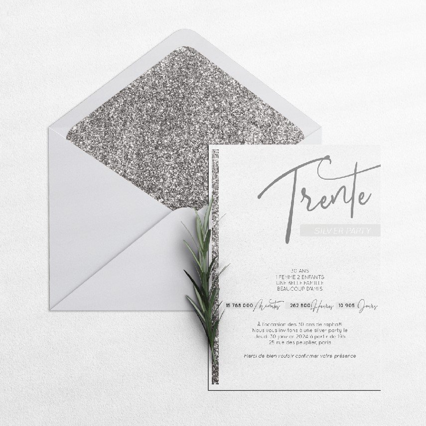 Silver Party - Le modèle adopte une esthétique mesurée : dominante chromatique douce, marges équilibrées, typographie régulière. Nos illustrateurs ont voulu une invitation premium qui installe un cadre sobre et élégant. Nous réalisons la personnalisation : texte intégré avec précision, palette ajustée, ajout discret d’un logo si nécessaire. Diffusée uniquement au format digital, elle atteint vos invités immédiatement. Chaque élément – rythme, contraste, alignements – contribue à une fluidité durable. Une correspondance contemporaine, simple et raffinée.