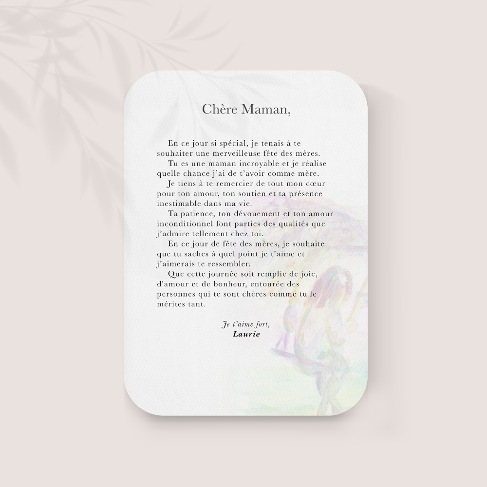 Bonne Fête Maman - Cette invitation s’ouvre sur une dominante chromatique lumineuse, équilibrée par des marges sobres et une typographie posée. Nos illustrateurs ont privilégié la clarté et la justesse pour donner à vos mots une place élégante et mesurée. Nous assurons la personnalisation complète : vous nous confiez le texte, nous l’intégrons avec soin, ajustons la palette et ajoutons un logo discret si besoin. Diffusée uniquement en digital, elle rejoint vos invités immédiatement. Chaque détail – proportions, contrastes, hiérarchie – a été pensé pour préserver fluidité et harmonie. Une correspondance premium, contemporaine et durable, adaptée à vos annonces essentielles.